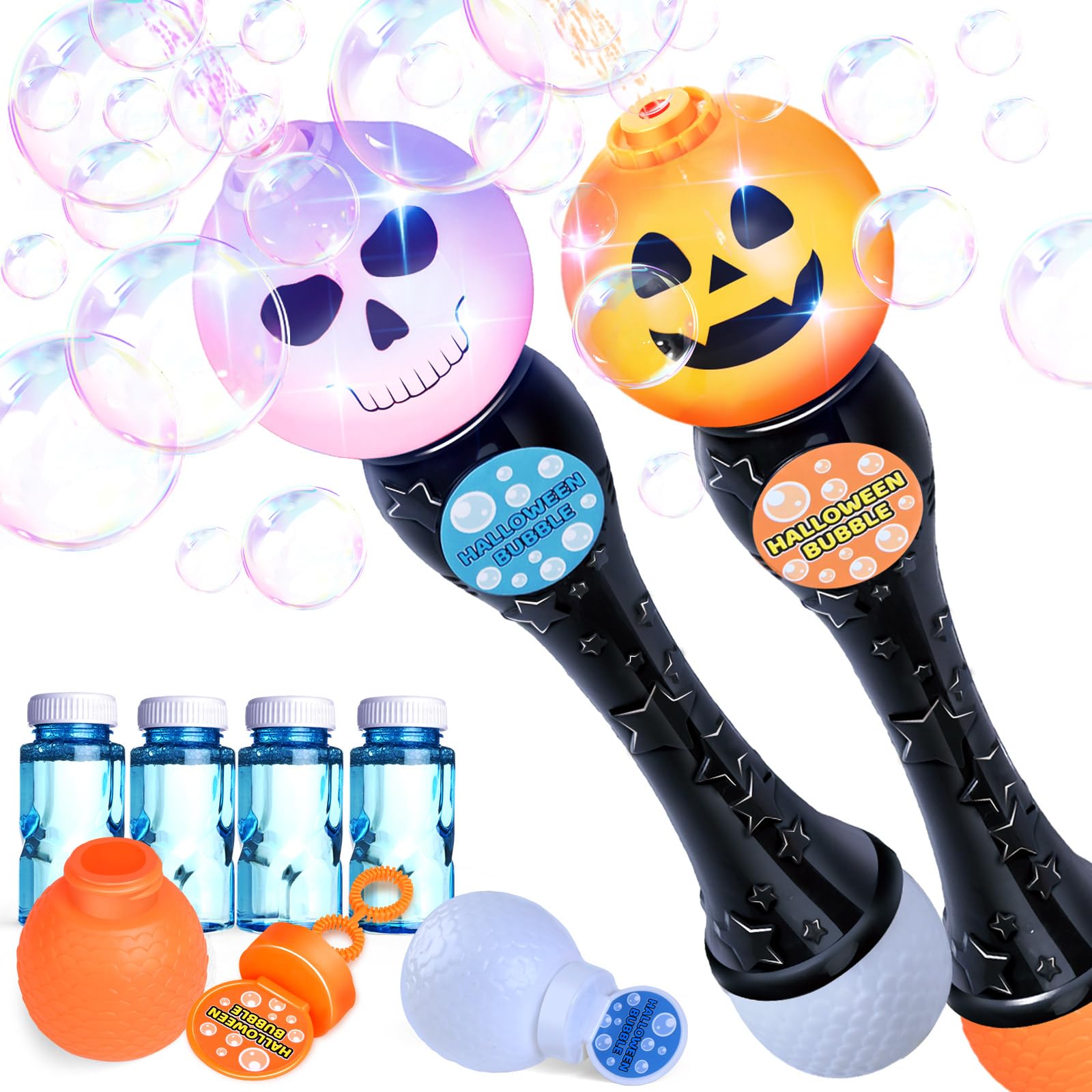 Springflower Halloween Toy,Halloween Bubble Blower Wand,13.5 Inch Illuminating Bubble Maker With Led Light-Up Effect For Kids,Halloween Bubble Party Favor,Pumpkin & Skull Design, 2 Pack