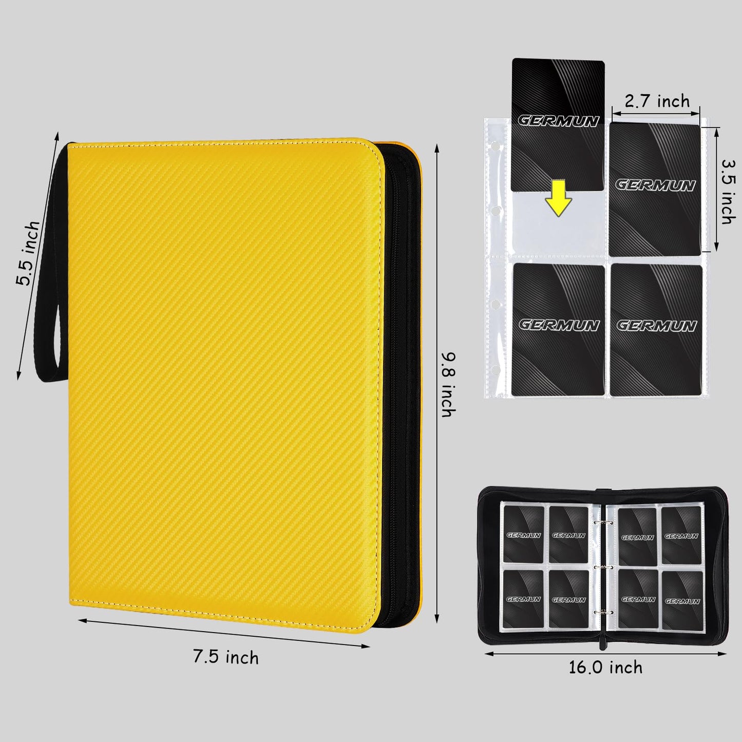 GERMUN 4 Pocket Card Binder  enhanced Zip Trading Card Binder  400 Double Sided Pocket PU Card Collection Binder  Collector Card Album  Card Folder for MTG  TCG  Sports Cards  Game Cards (Yellow)