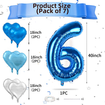 Biapian 40 Inch Blue Number 6 Balloons, Blue Large 6Th Birthday Balloons With 18'' Foil Blue Silver Heart Balloon Helium For 6Th