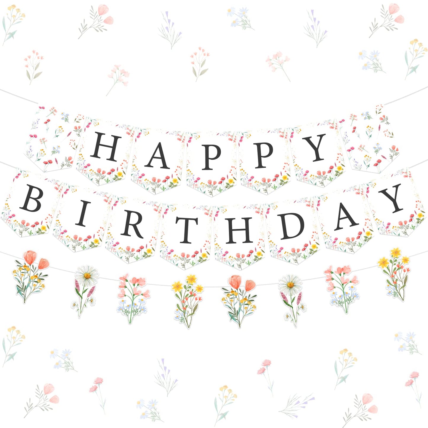 Fangleland Wildflower Happy Birthday Banner Garland Sign Party Decorations Set, Pre-strung No DIY Floral Flower Theme Birthday B