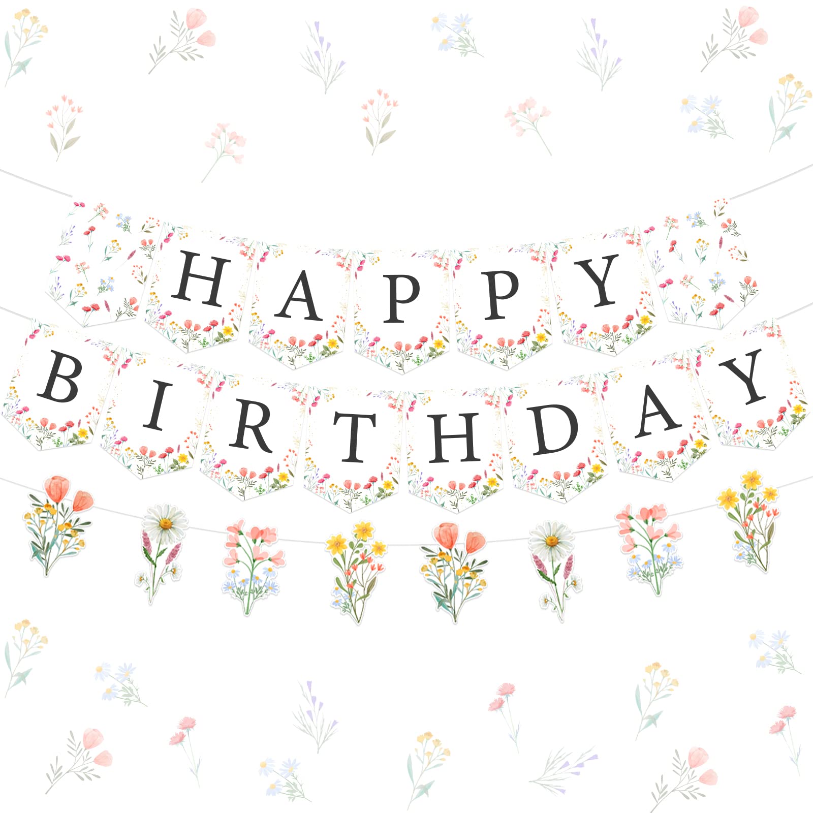 Fangleland Wildflower Happy Birthday Banner Garland Sign Party Decorations Set, Pre-strung No DIY Floral Flower Theme Birthday B
