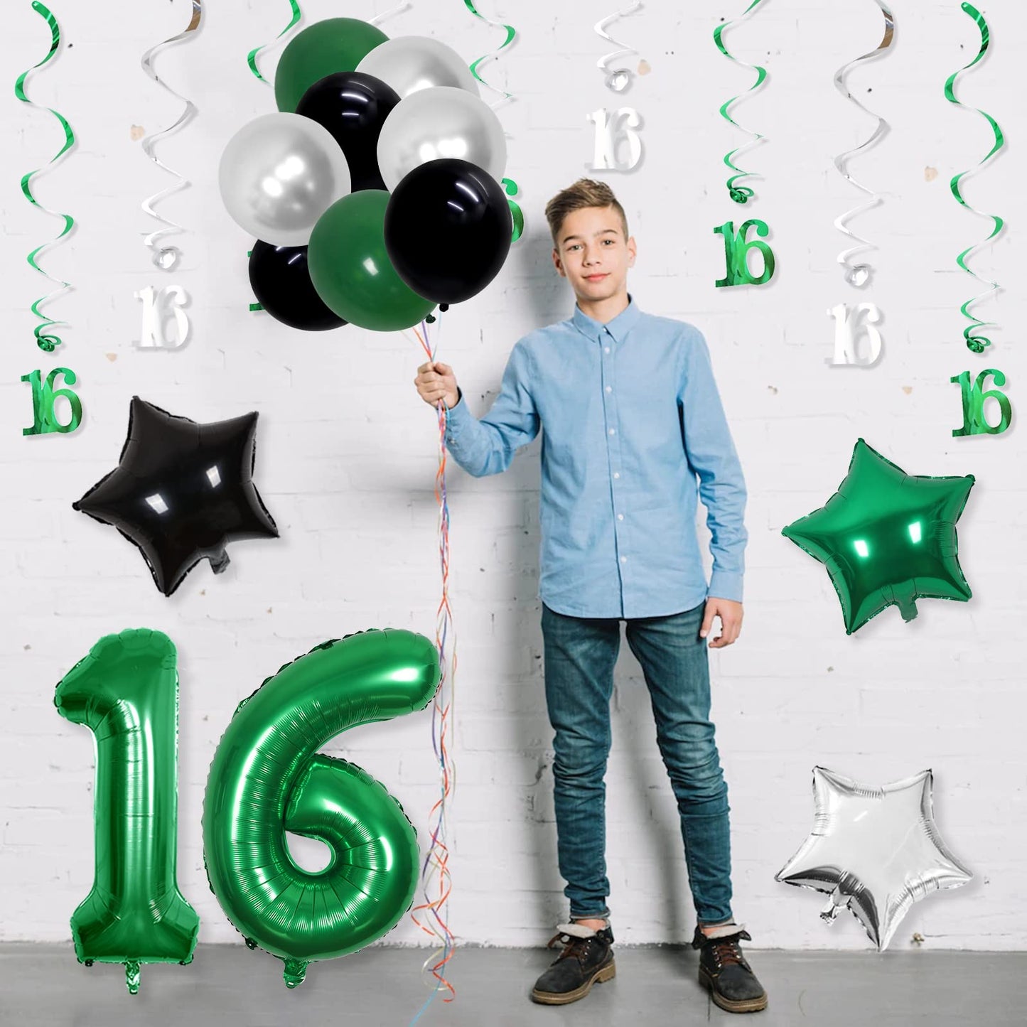 Cheereveal 16th Birthday Decorations for Boys Green, Happy Birthday Party Supplies with Hanging Swirls Happy Birthday Banner Cak