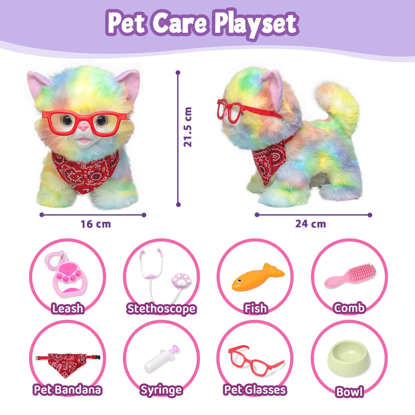 Yh Yuhung Walking Cat Toys For Kids,Remote Control Rainbow Kitty Robot Cat Toy That Can Walks, Meows, And Wag Its Tail, Veterinarian Playset For Kids With Interactive Cat Ages 3 And Up