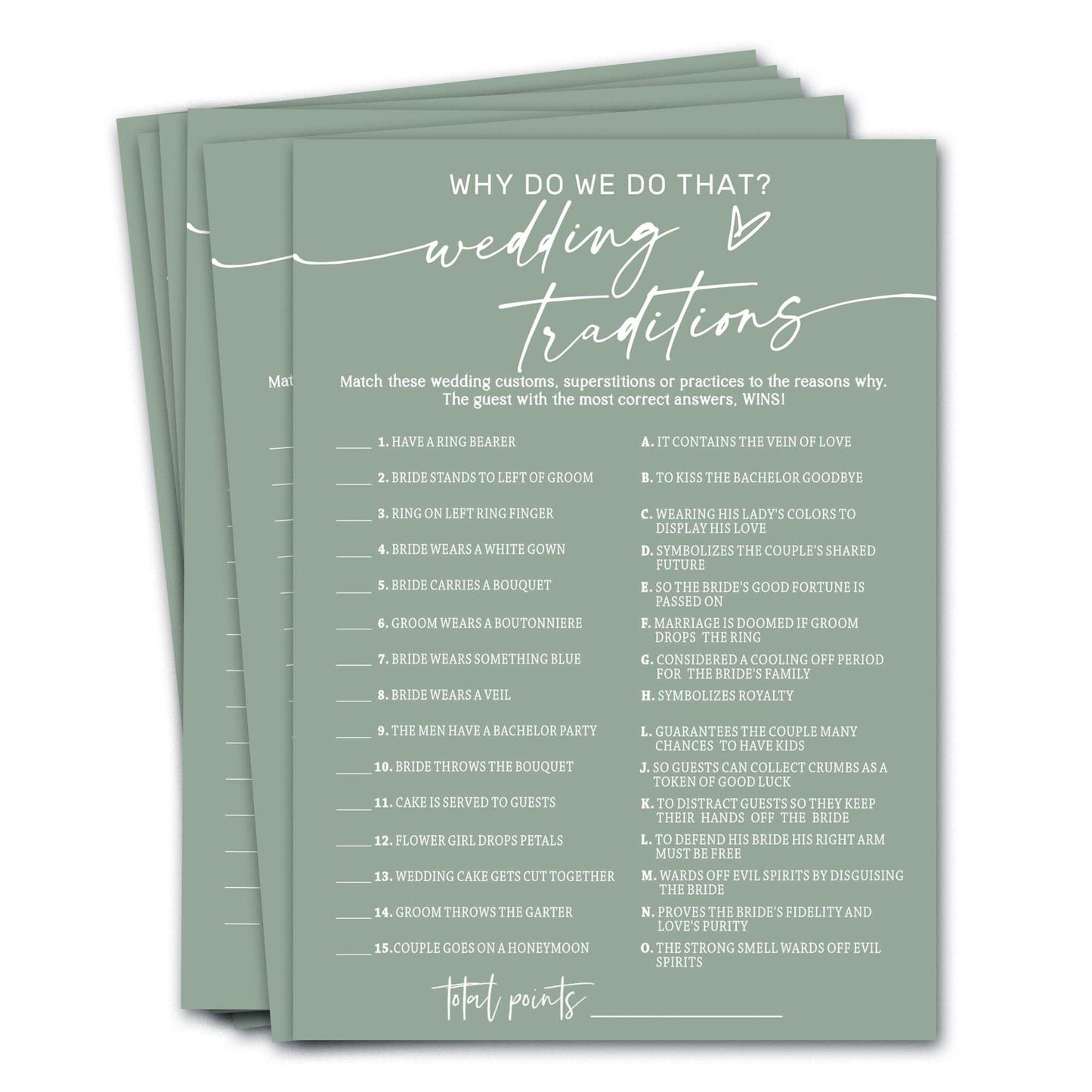 Bridal Shower Games Cards, Wedding Traditions Why Do We Do That, 25 Game Cards With 1 Answer Card, Engagement Party Wedding Game