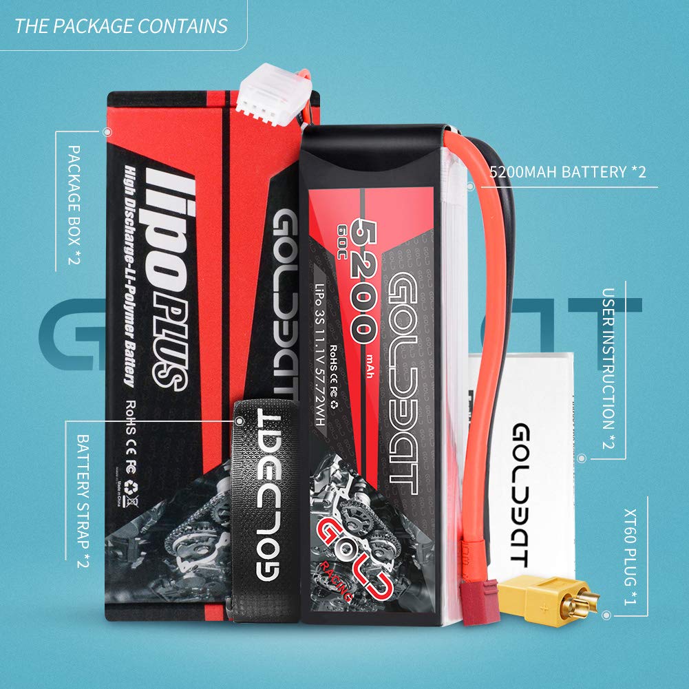 GOLDBAT LiPo RC Battery 5200mAh 3S 60C 11.1V LiPo RC Short Battery with Deans Connector Softcase Pack for RC Car Truck Quadcopte