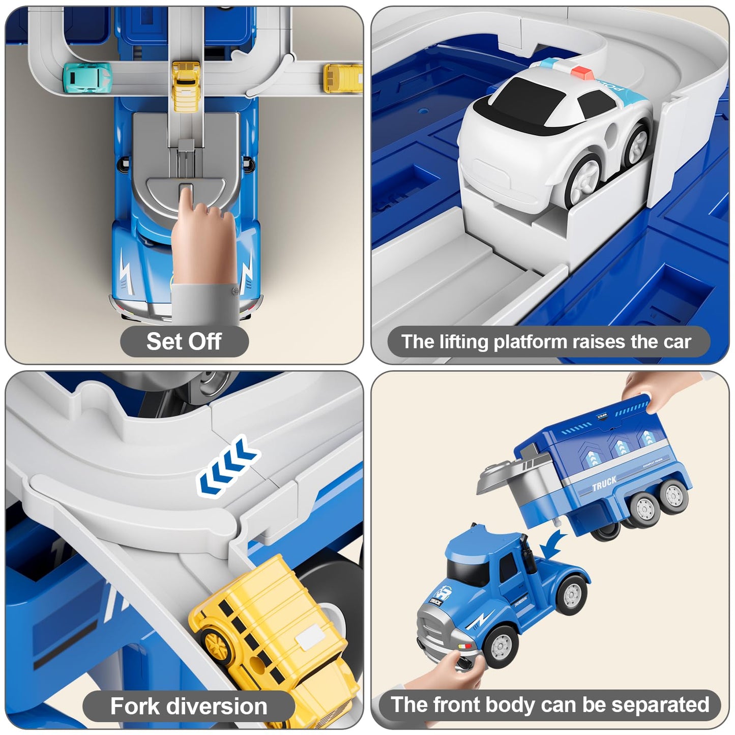 Dwi Dowellin Truck Toys for Boys 3 4 5 6 Years Old, Vehicle Toys for Kids with 4 City Cars and Playmat, Race Track with Light an