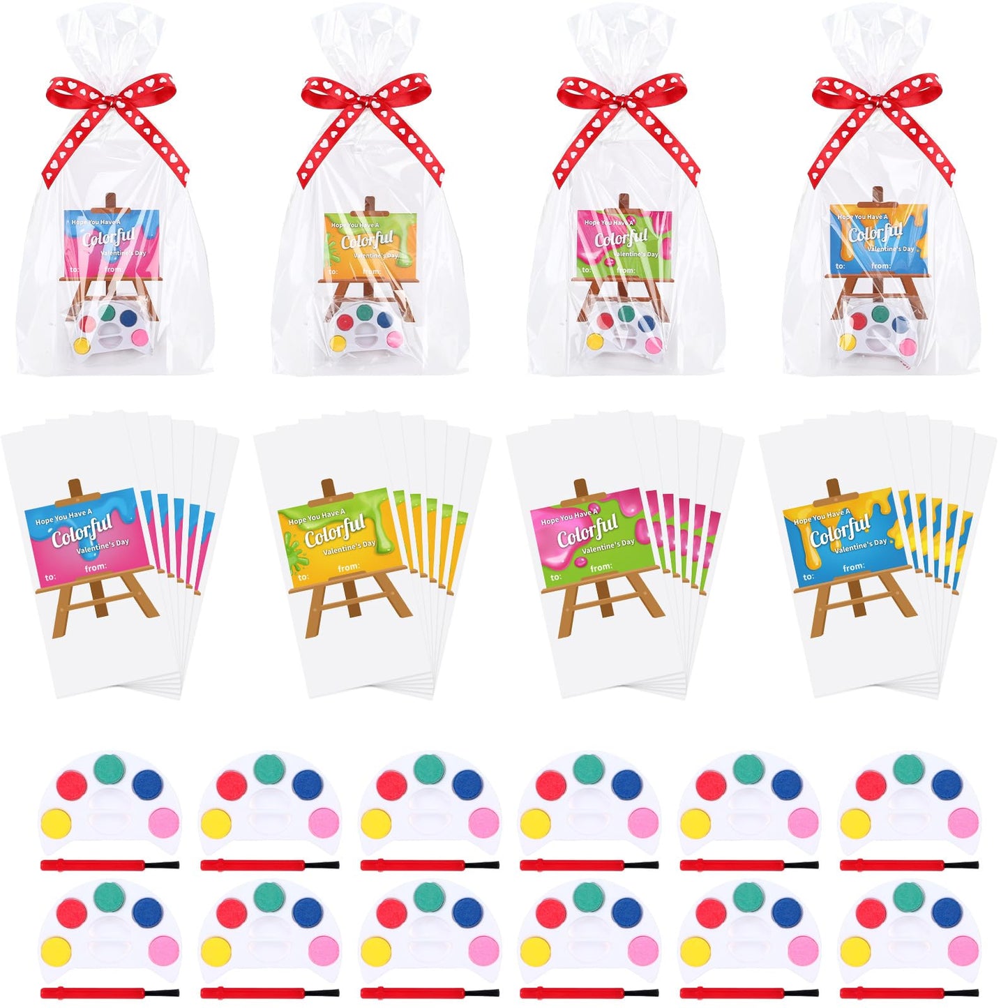 24 Pack Valentines Day Cards with Watercolor Paint Set, Classroom Exchange Valentines for Kids, Non Candy Party Favors, Bulk Sch