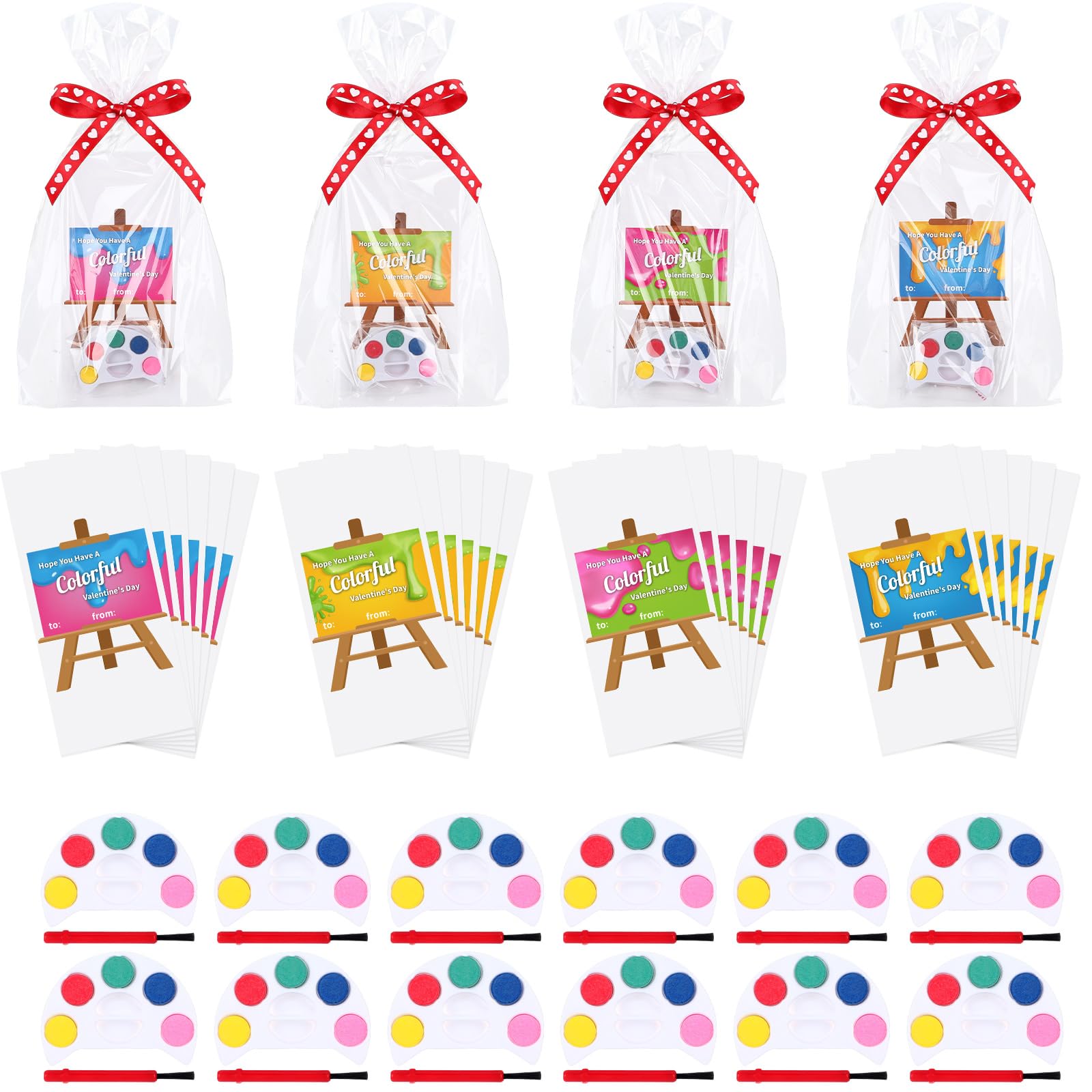 24 Pack Valentines Day Cards with Watercolor Paint Set, Classroom Exchange Valentines for Kids, Non Candy Party Favors, Bulk Sch