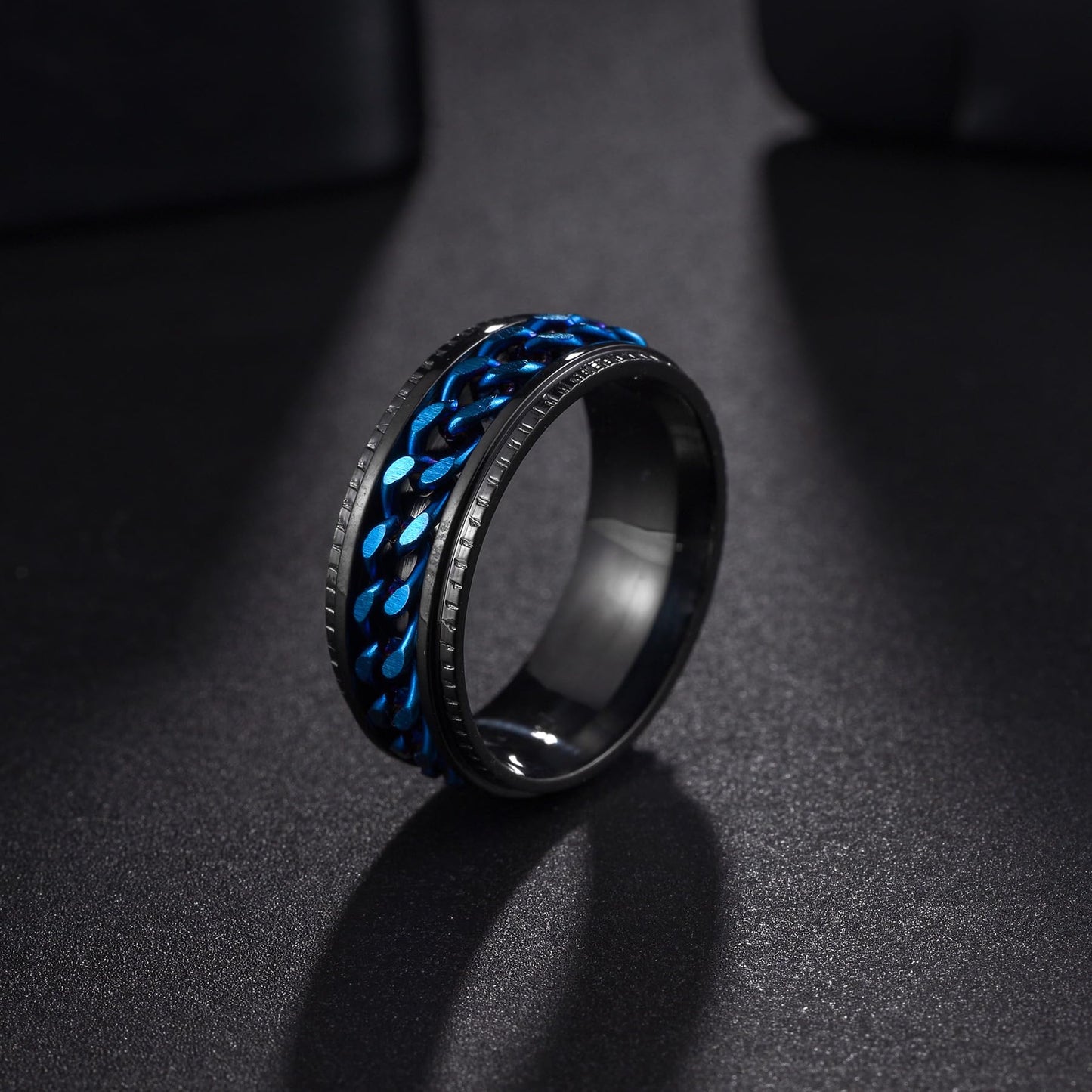 Udolfly Mens Fidget Rings Anxiety Rings For Men Womens Chain Spinner Rings For Adults Titanium Steel Ring Black Blue Size 9