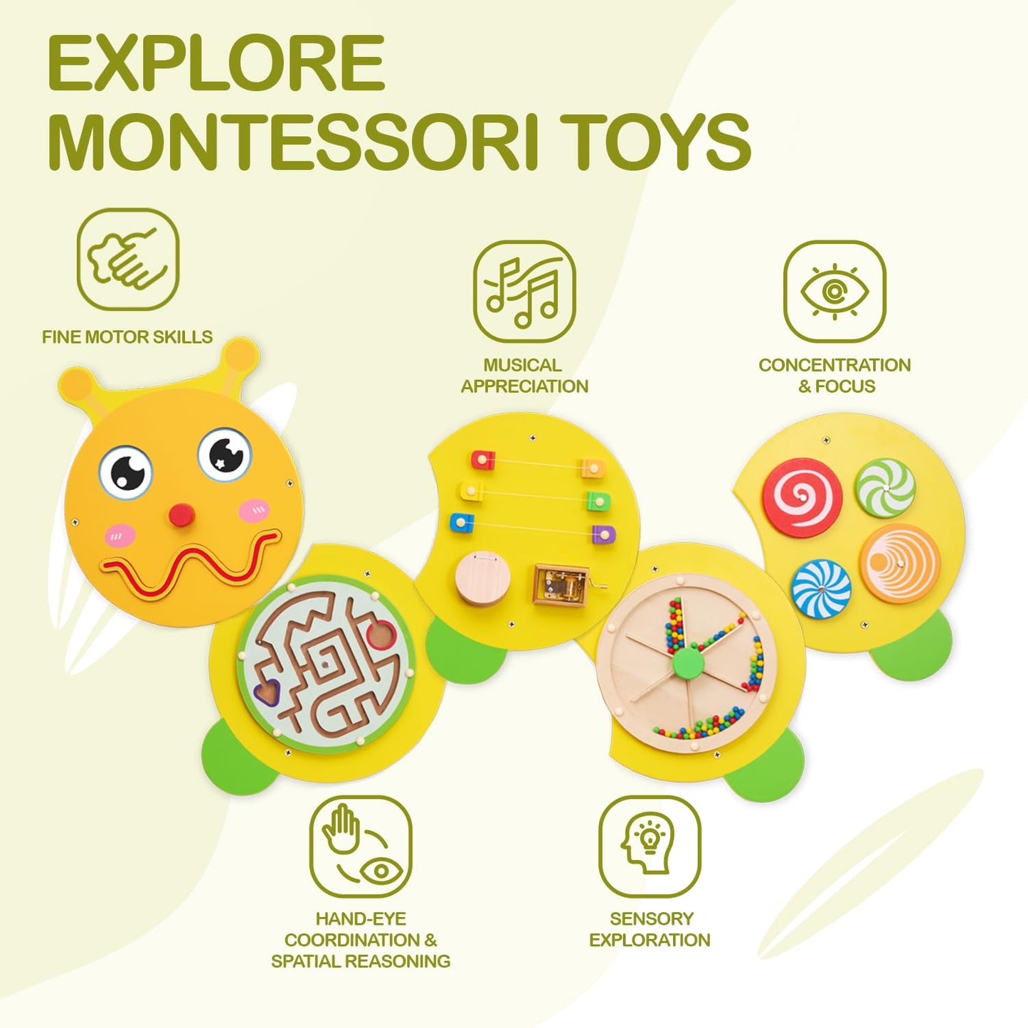 Monlurd Caterpillar Montessori Busy Board,Sensory Board,Educational Toys,Activity Cube,Wall Toys,Daycare Furniture,Playroom Furn