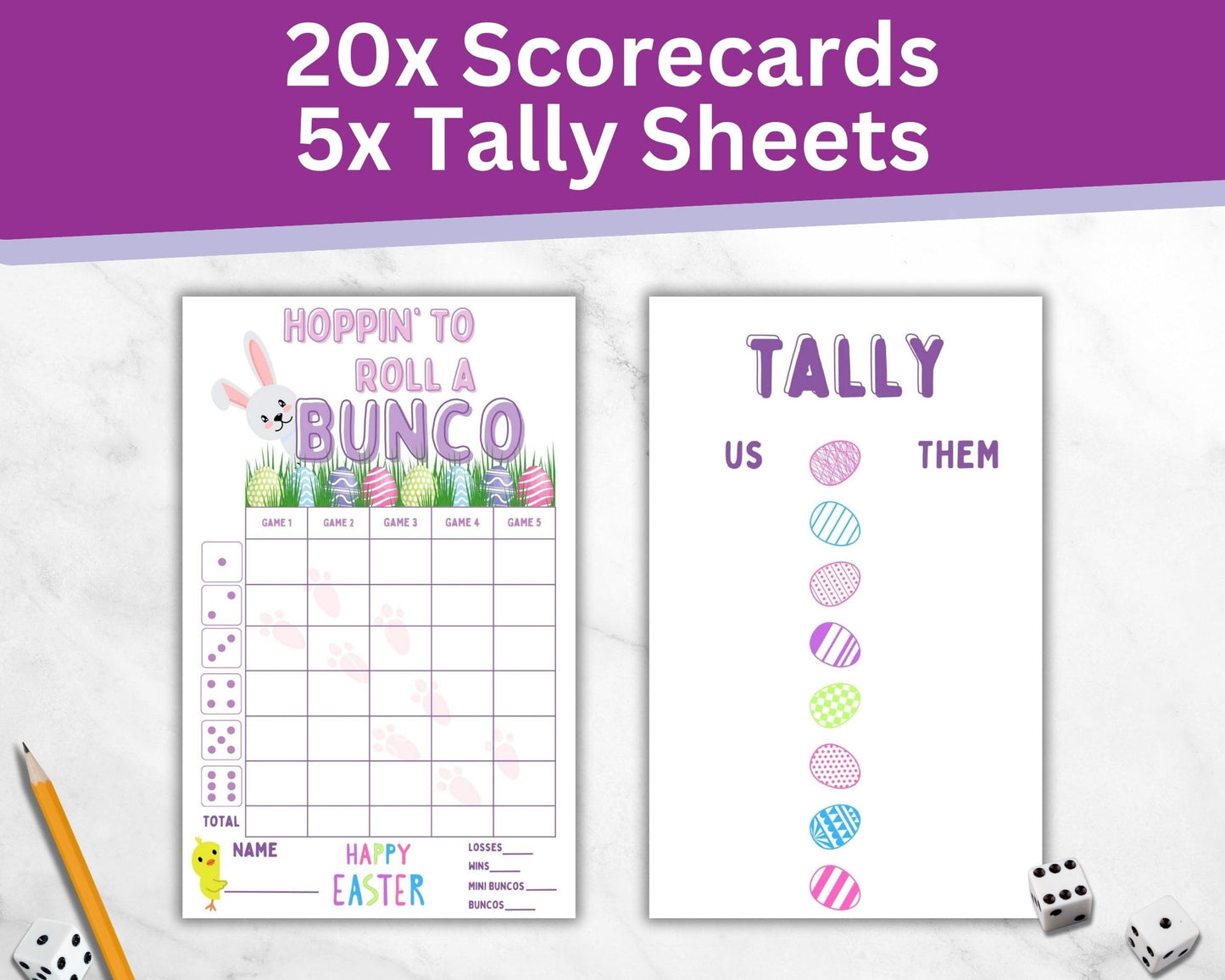 Easter Bunco Theme Set - Bunco Score Sheets - Spring Themed Bunco - Easter Scorecards - Tally Sheets - Ghost Player - Bunco Babe