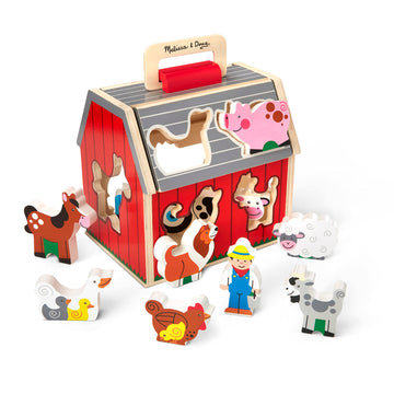 Melissa & Doug Wooden Take-Along Barn Toy With Flip-Up Roof And Handle, 10 Farm Play Pieces, Shape Sorting And Stacking Learning