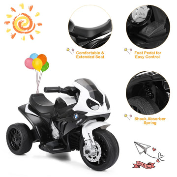 OLAKIDS Kids Ride on Motorcycle, 6V Licensed BMW Electric Motor with Music, Foot Pedal, Headlight, Leather Seat Cushion, 4 Wheel