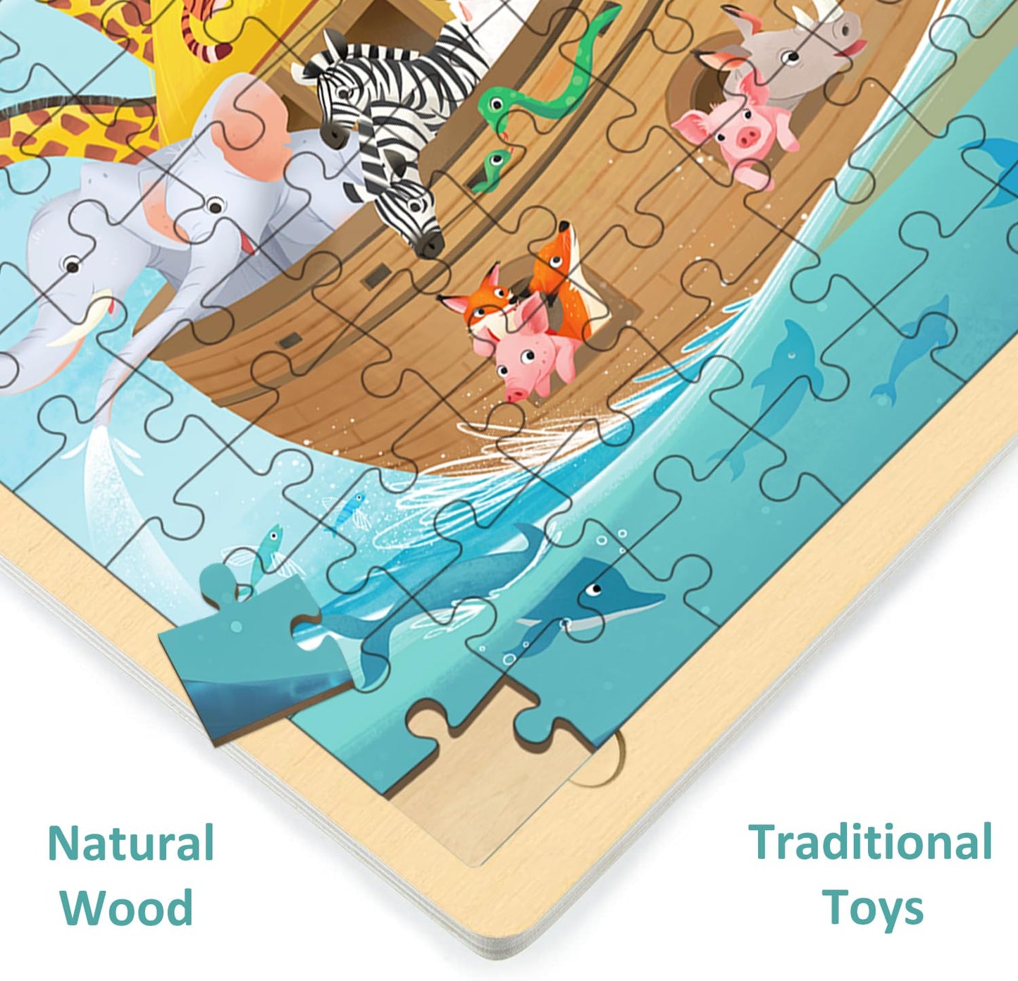 Moinkidz Wooden Puzzles For Kids Ages 3-5, Noah'S Ark 100 Piece, Religious Scene Christian Bible Puzzles For Kids Ages 4-8 With