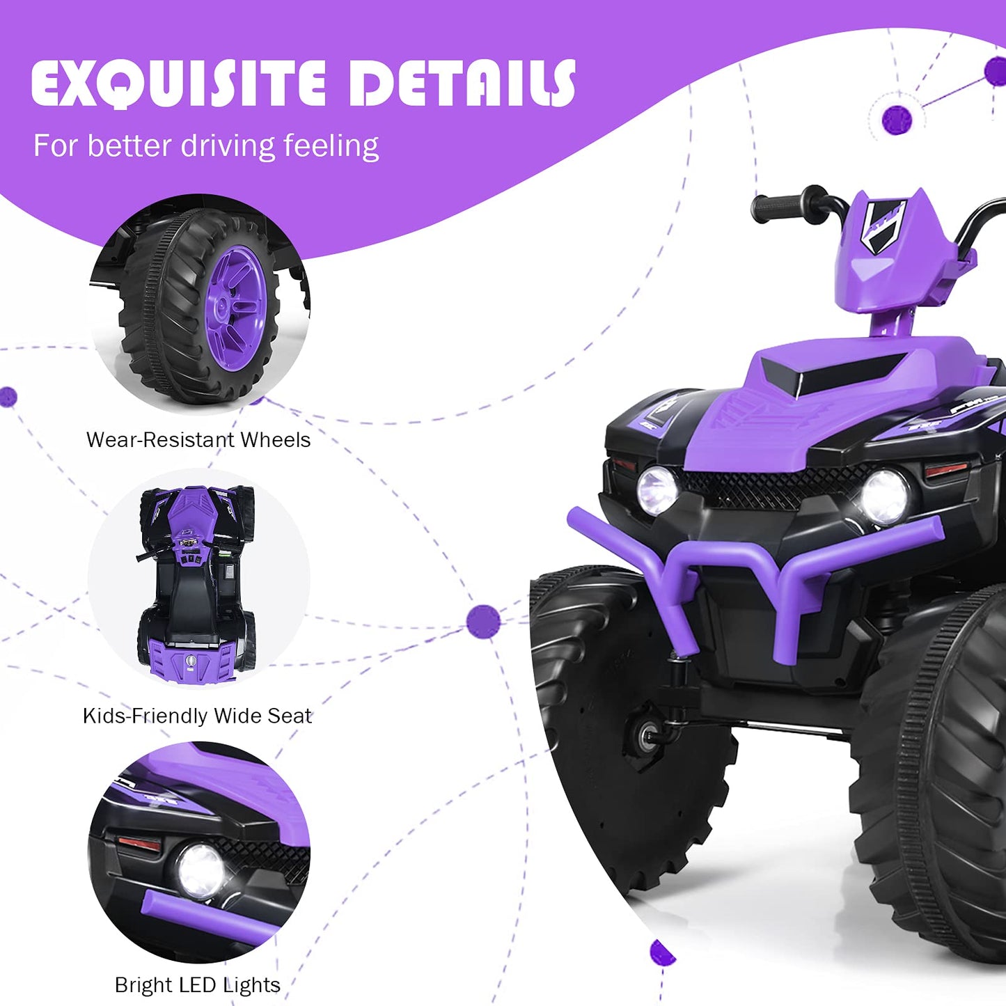Costzon Kids ATV 12V Electric Vehicle, Purple, LED Lights, Horn, Music, Treaded Tires, Ride-On Car for Boys & Girls