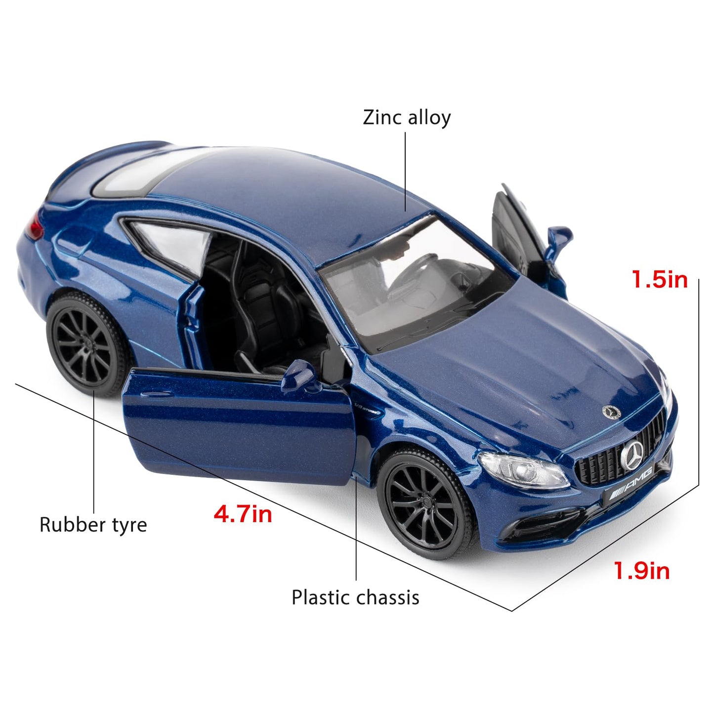 RMZ City 1:36 Diecast Benz C63 S AMG Toy Car, Blue, Pull Back, Doors Open, Kids Gift, Model 554987
