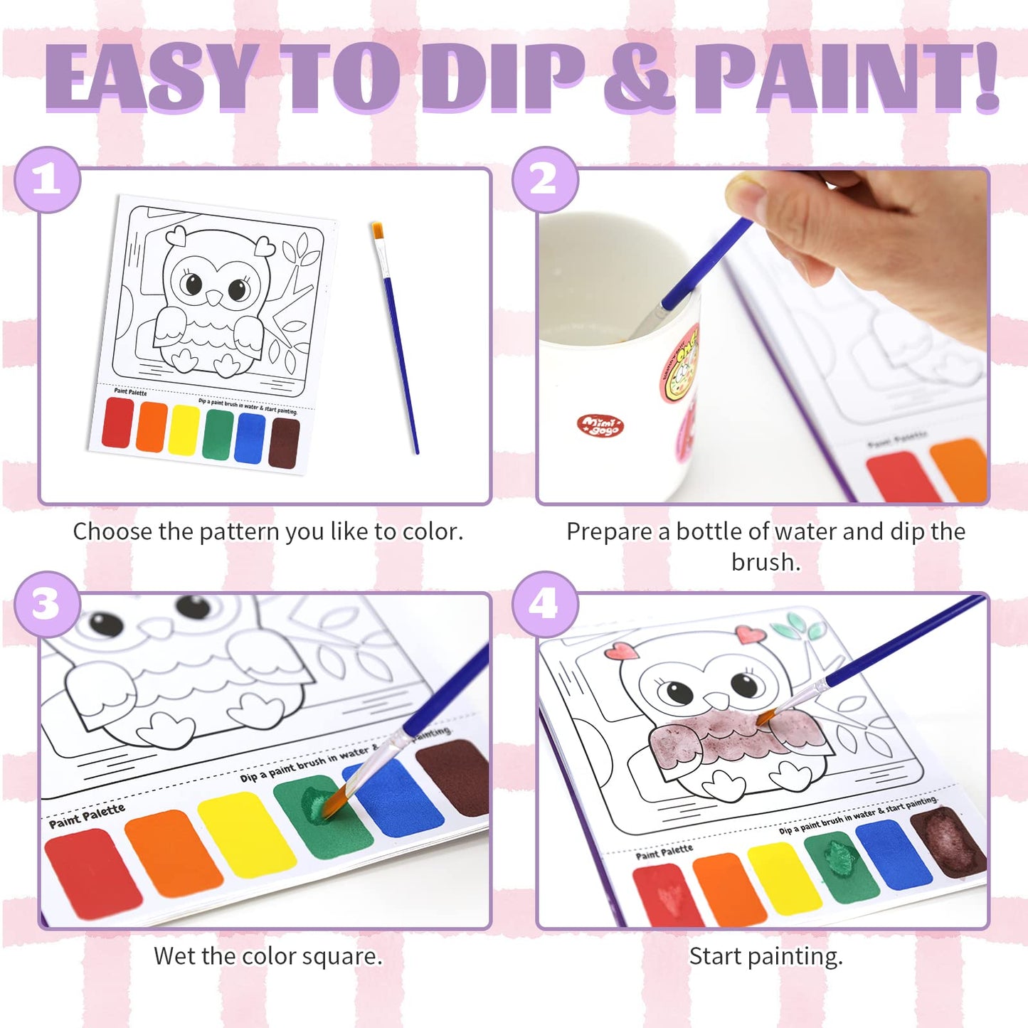 VKPI Water Coloring Activity Books, Watercolor Paint Books for Kids, 18 Mess Free Drawing Sheets, with 3 Painting Brushes, Gifts
