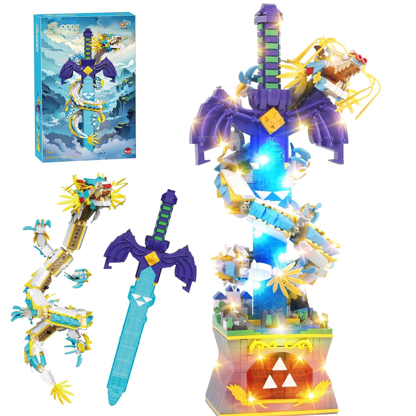 SAMYBLOCKS 1433PCS The Master Dragon decorative replica blades Building Blocks Toys(Mini Bricks) A Unique decorative replica blade with Dragon Connection Base with Led Lighting TOTK Decoration Display Gift for 14+