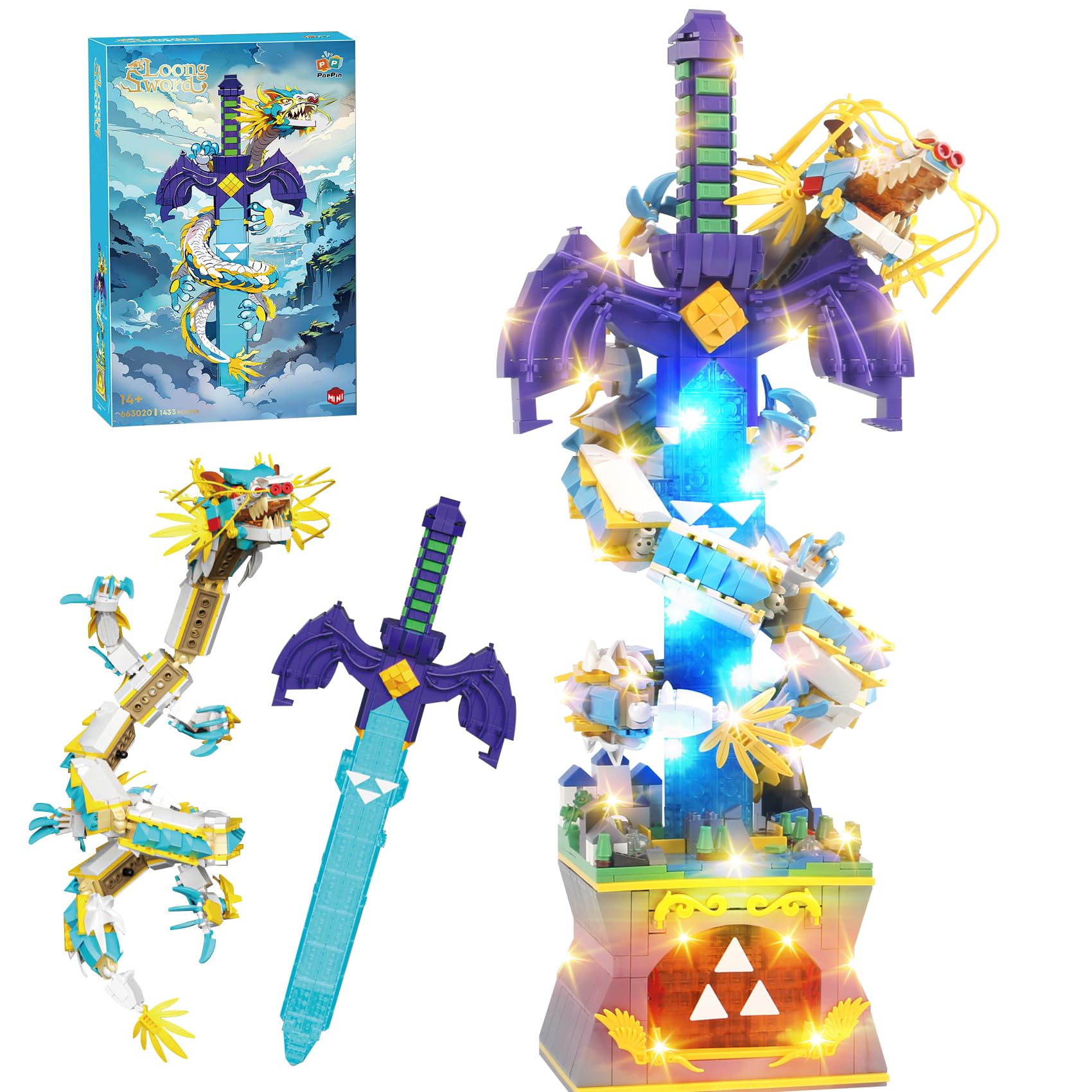 SAMYBLOCKS 1433PCS The Master Dragon decorative replica blades Building Blocks Toys(Mini Bricks) A Unique decorative replica blade with Dragon Connection Base with Led Lighting TOTK Decoration Display Gift for 14+