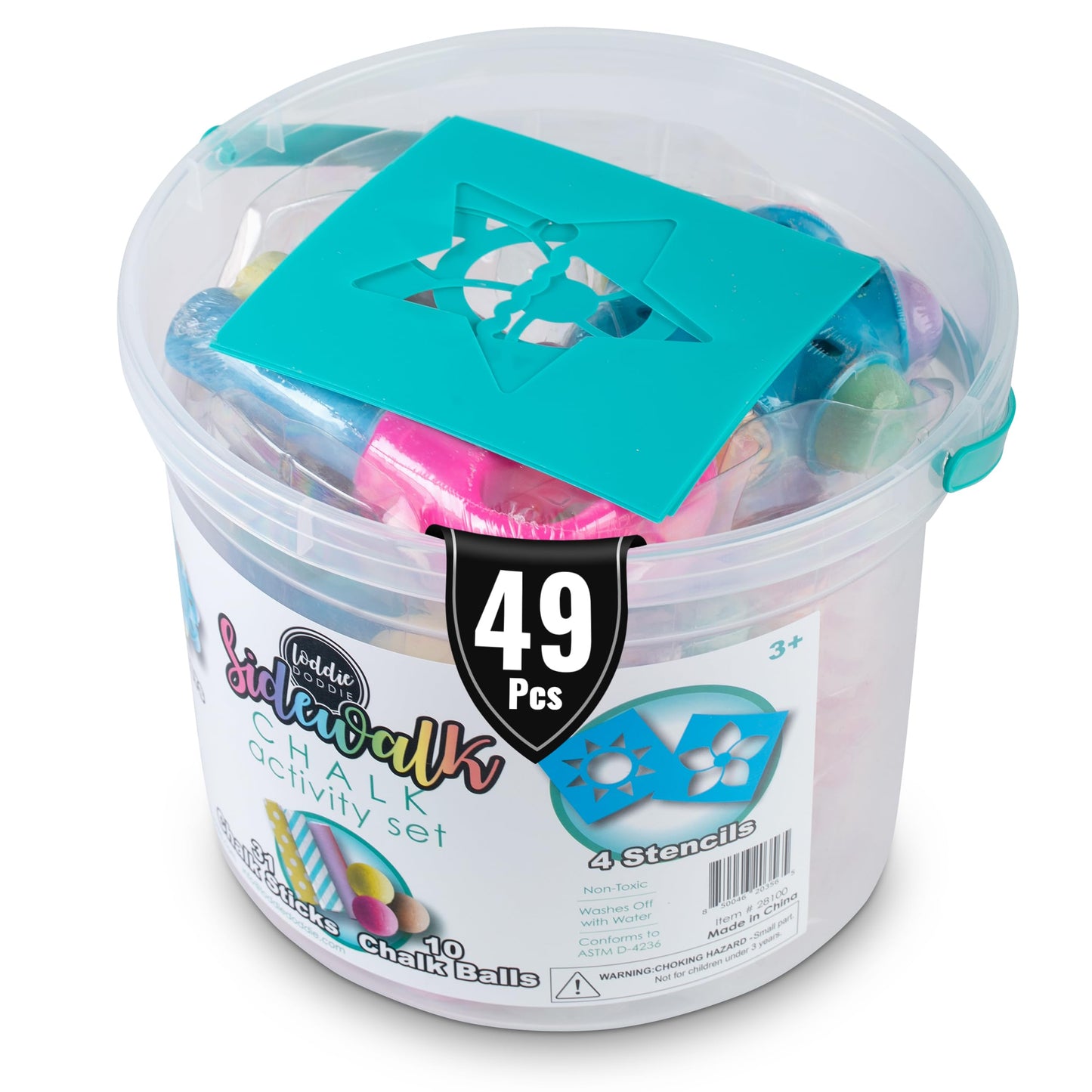 Loddie Doddie 49pc Sidewalk Chalk Bucket - Outdoor Activity Play Set for Kids, 31 Assorted Chalk Sticks, 4 Holders, 10 Ball Refi