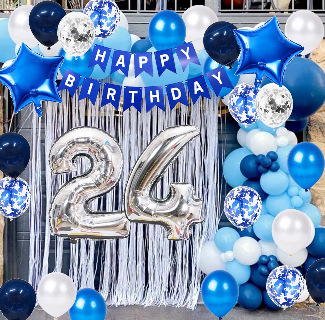 24Th Birthday Party Decoration Blue For Men, Happy Birthday Banner Blue Number 24 Birthday Star Foil Balloons Latex Confetti Bal