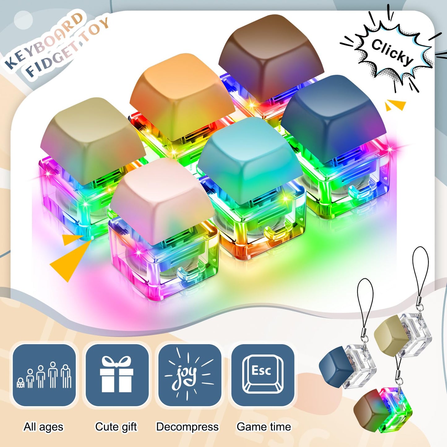 Taiyin 6 Pcs Decompression Toys Keyboard Clicker Toy Keyboard Cube Mechanical Key Button Stress Relief for mature-themed Gifts to Relief Pass Time (Morandi Color)
