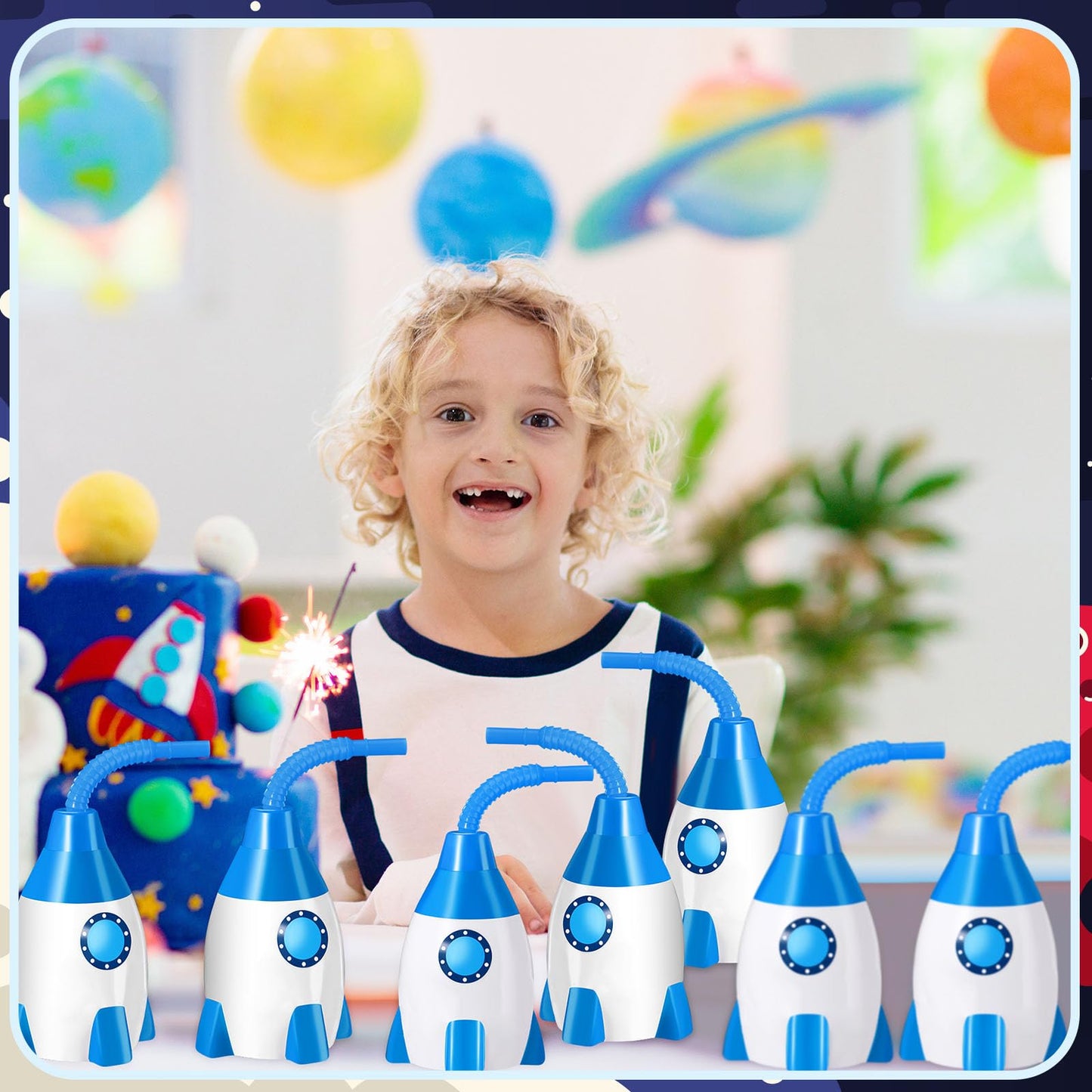 Tanlade Space Cups Bulk Plastic Rocket Shape Cups Rocket Bottles with Straws Universe Themed Party Favor Gift Supplies, Reusable