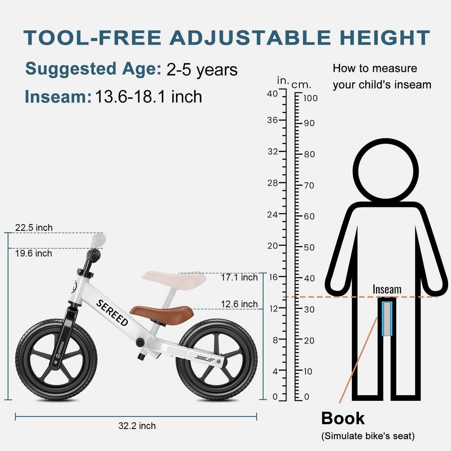 SEREED Toddler Balance Bike for 2-5 Years, No Pedal, Tool-Free Adjustment, Customizable with Stickers, White