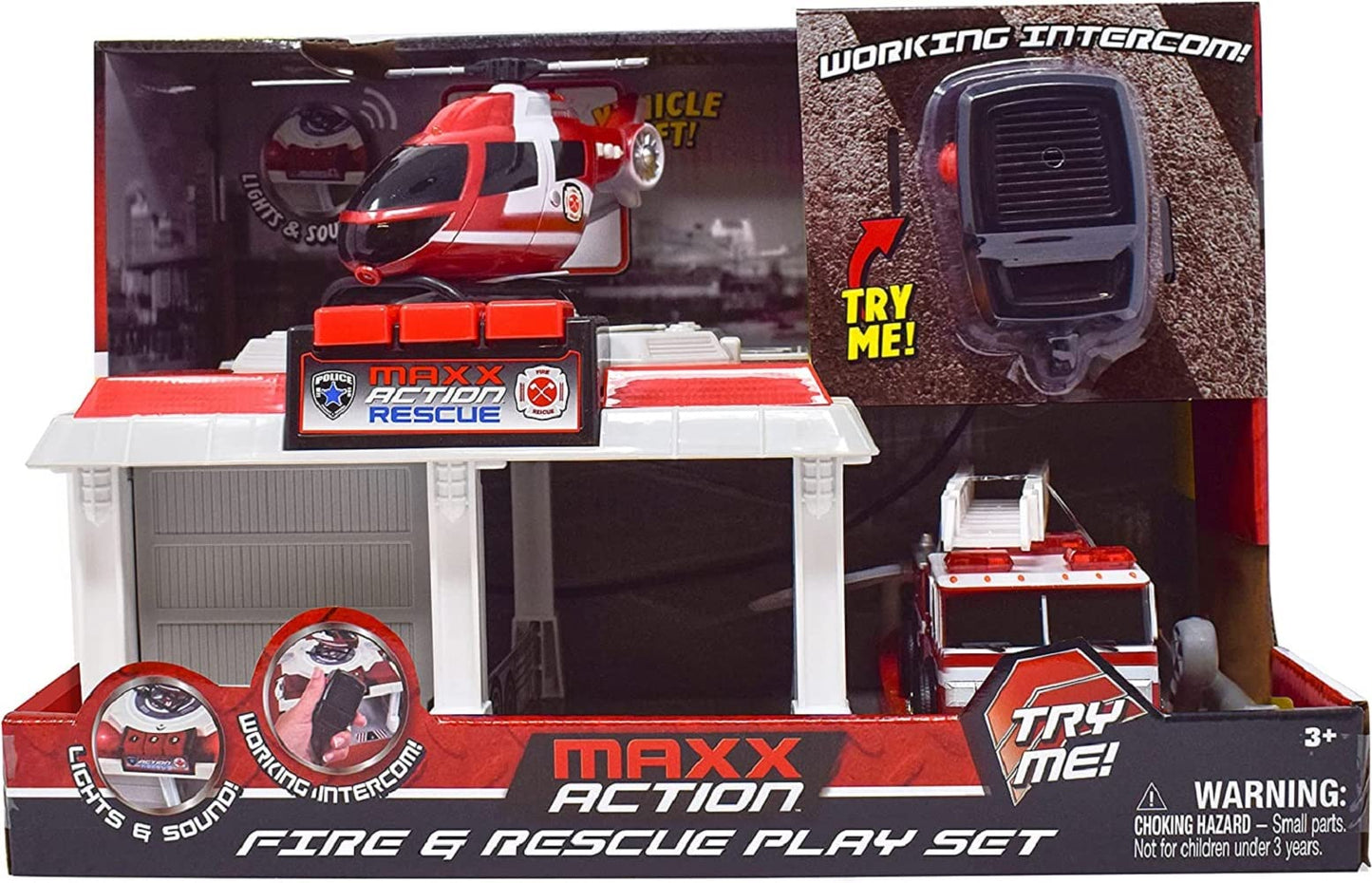 Fire And Rescue Garage Lights And Sounds Toy Set For Kids | Working Intercom With Open And Close Parking Garage And Vehicle Lift | Playset Includes Helicopter And Fire Truck With Friction Motor