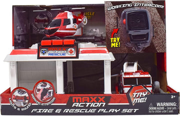 Fire And Rescue Garage Lights And Sounds Toy Set For Kids | Working Intercom With Open And Close Parking Garage And Vehicle Lift | Playset Includes Helicopter And Fire Truck With Friction Motor