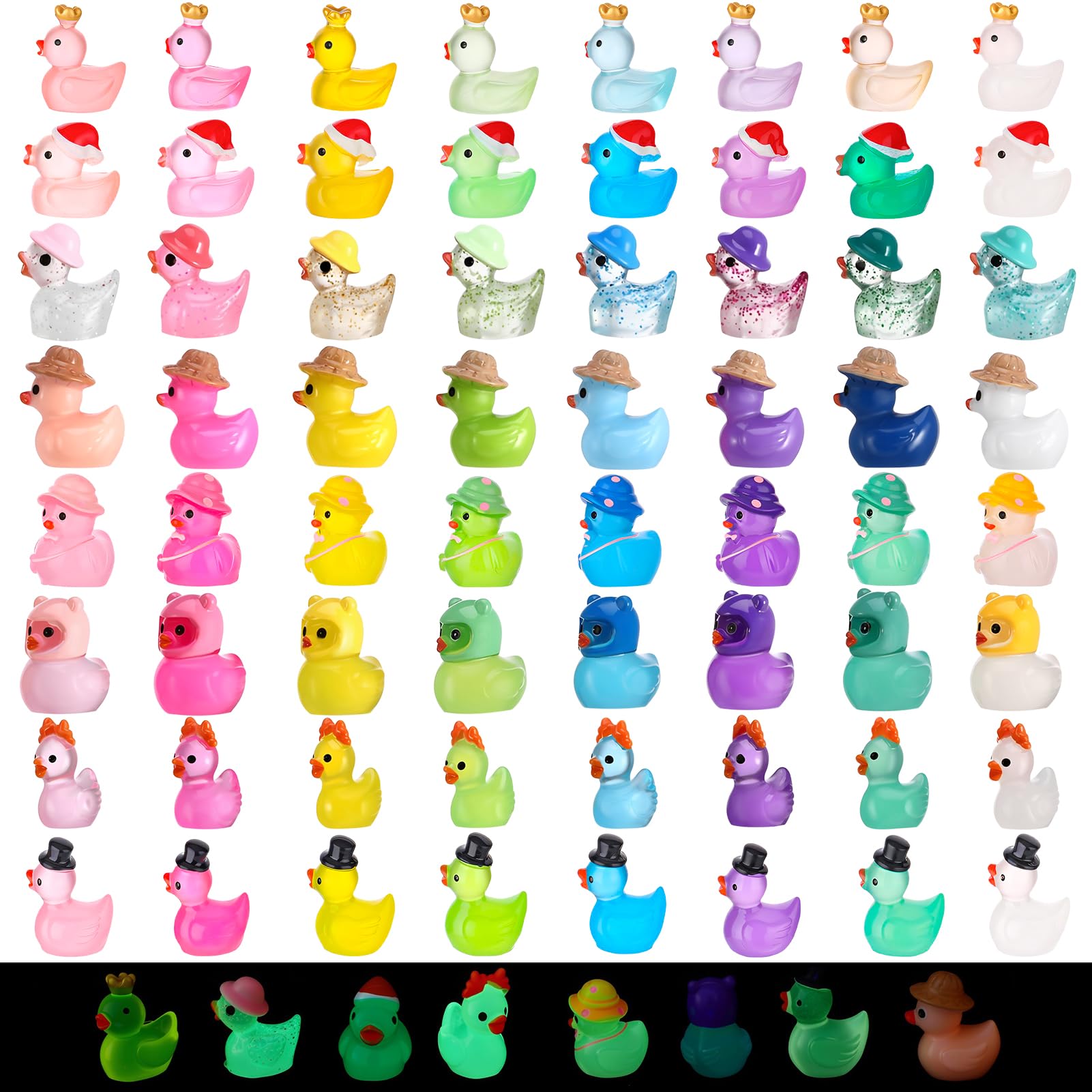 Ggstddup 64 Pcs Luminous Mini Resin Ducks, 8 Types Small Ducks Plastic Mini Resin Animals Figures Miniature Figurines For Fairy