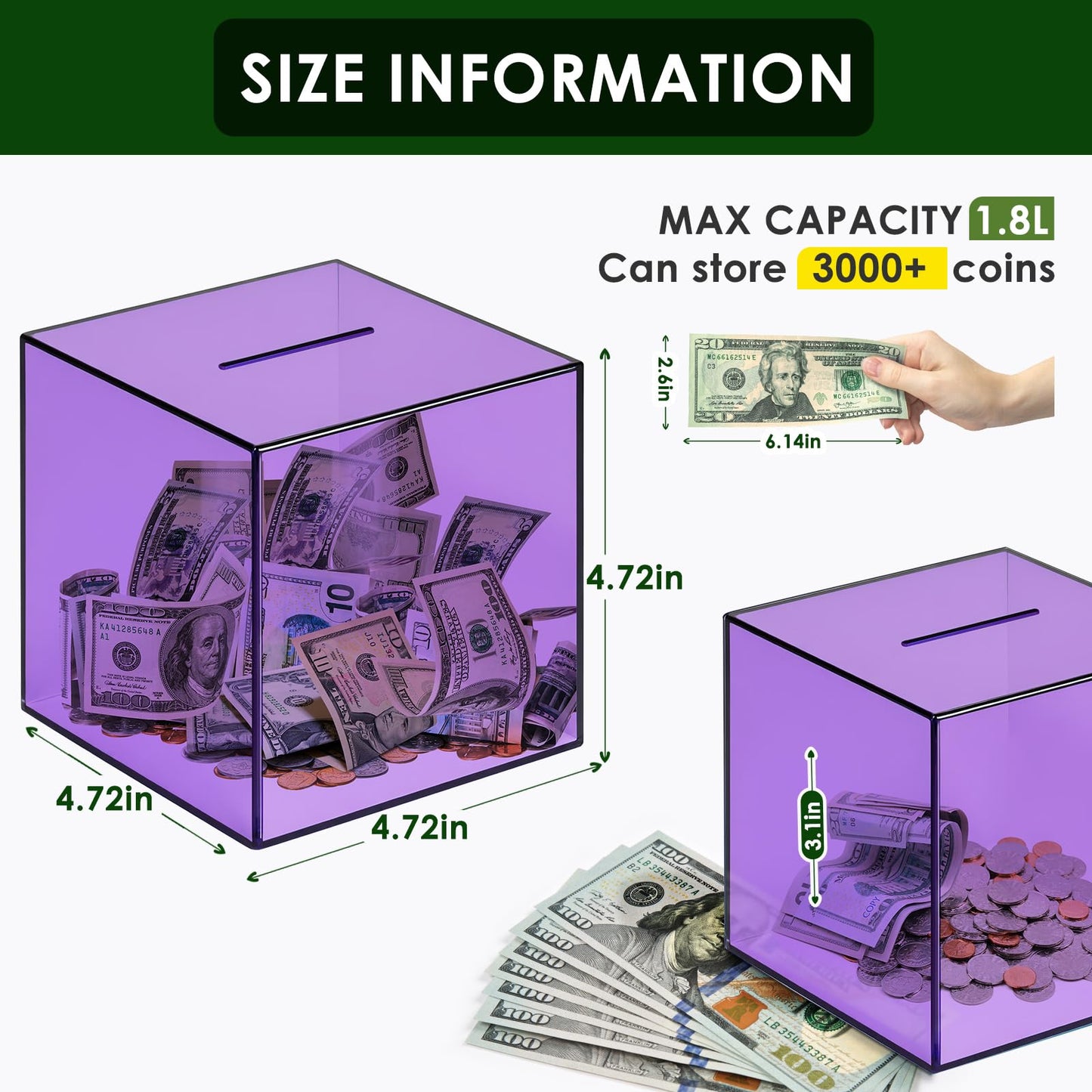 Piggy Bank for mature-themeds Must Break to Open  Vcertcpl Acrylic Clear Piggy Bank Money Saving Box for Cash Saving  Unopenable mature-themeds Bank for Real Money Bank Coin Bank Change Jar (Purple  12x12CM)