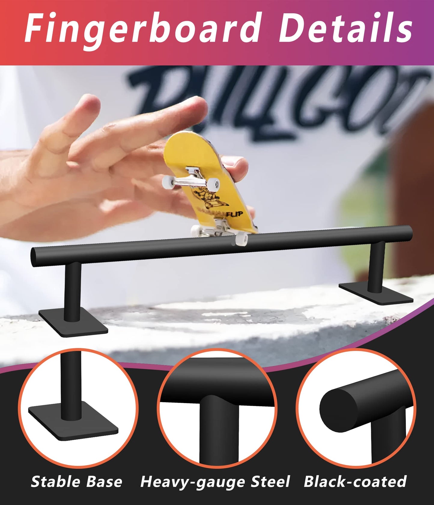Professional Fingerboard Flat Rail enhanced Solid Steel Construction Fingerboard Deck Fingerboard Ramp Great Add for Fingerboard Parks Black Powder Coated Finish Non-Slip Foam Feet (round)
