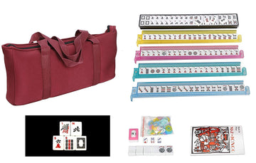 Hndtek American Mahjong Set - Red Burgundy Soft Bag - 166 White Engraved Tiles, 4 All-In-One Rack/Pushers Western Mah Jongg Game Set