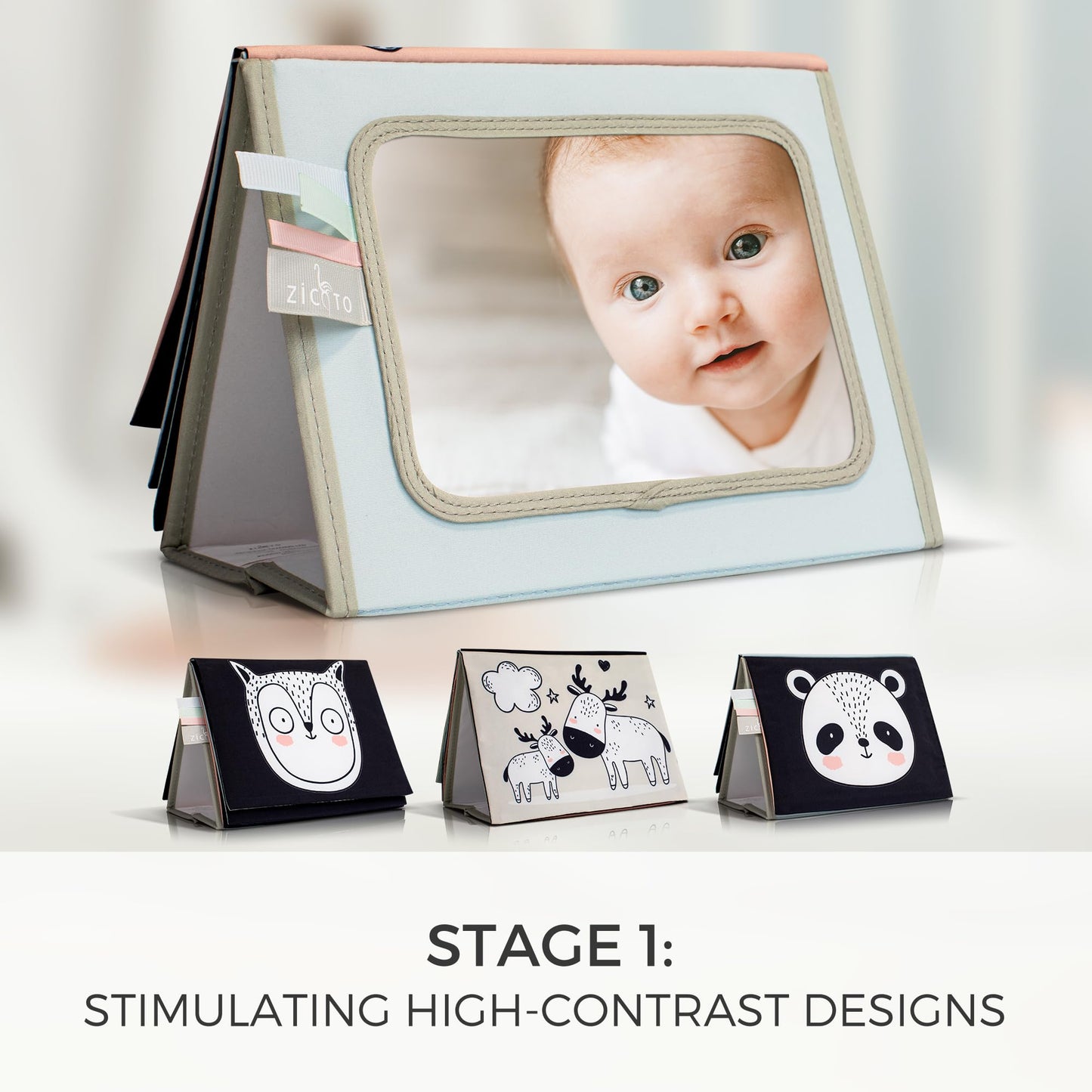 Soft Tummy Time Book W/ Large Stimulating Baby Safe Mirror - Fun High Contrast Montessori Toy W/ Mirror, Crinkle Filling & Silic