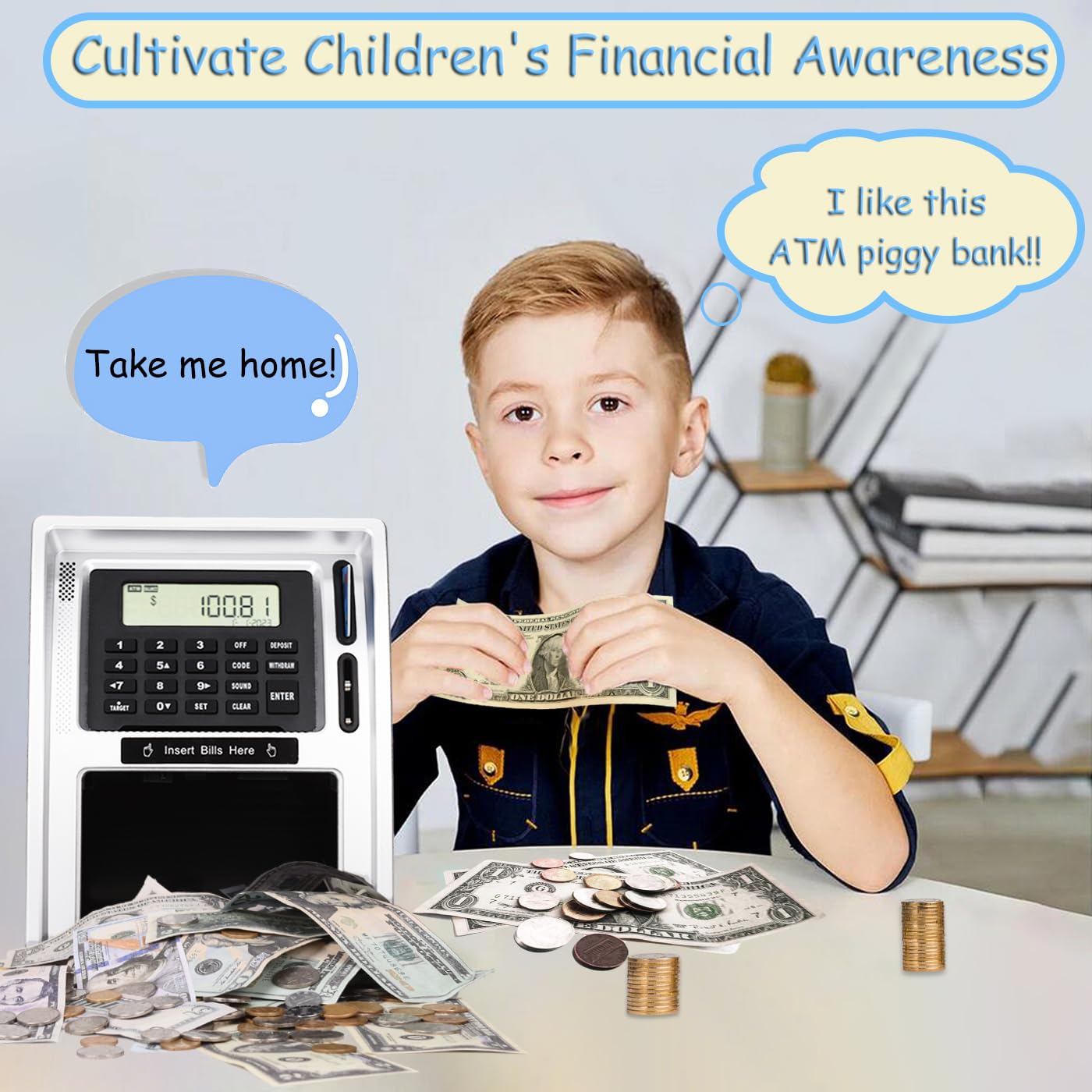 2025 Upgraded Atm Piggy Bank For Real Money, Talking Atm Bank For Kids, Money Bank With Card, Password, Coin Recognition, Bill F