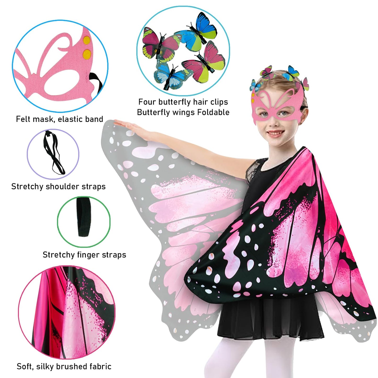 Sunlisky Kids Butterfly Wings Costume Girls Fairy-Wings Toddler Dress Up Play Costumes Butterfly Hair Clip Mask Party Favors (Pi