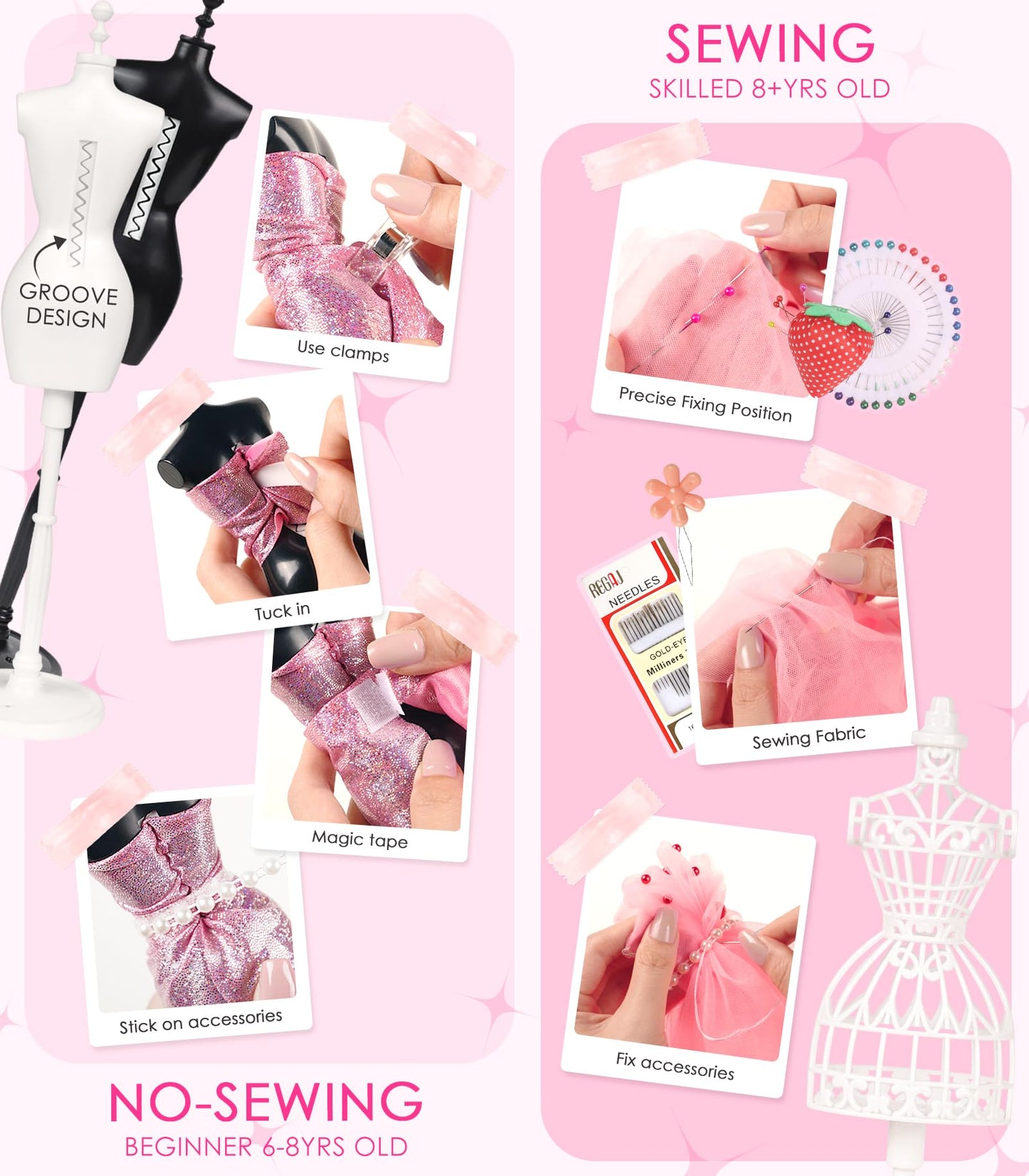 YEETIN 800+ PCS Fashion Designer Kit for Girls - DIY Sewing & Arts Craft Kit with 5 Mannequins, Doll Clothes Making Set, Learn t