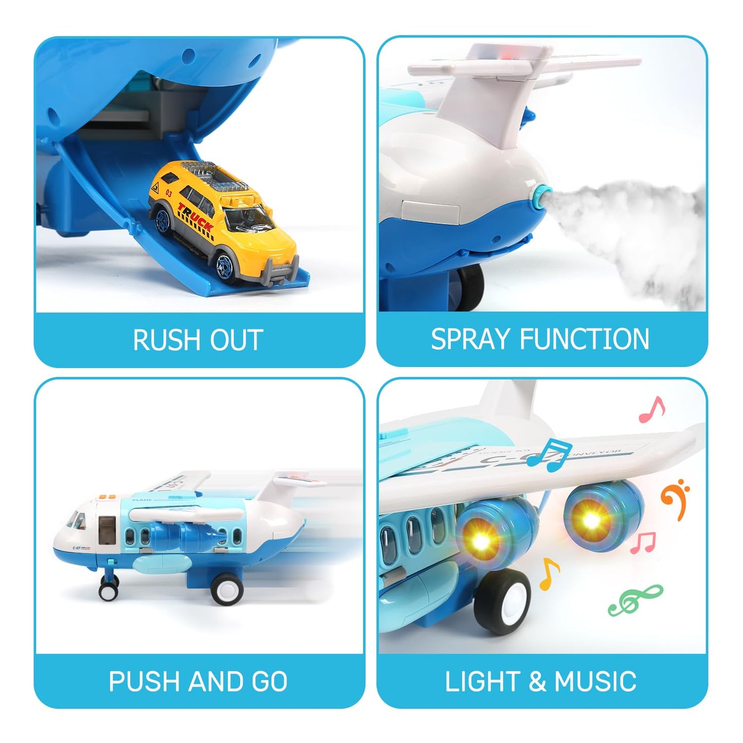 CUTE STONE Toy Airplane with Smoke, Sound & Light - Friction Powered, Multicolor, Model 3377-2, Great Gift for Boys & Girls