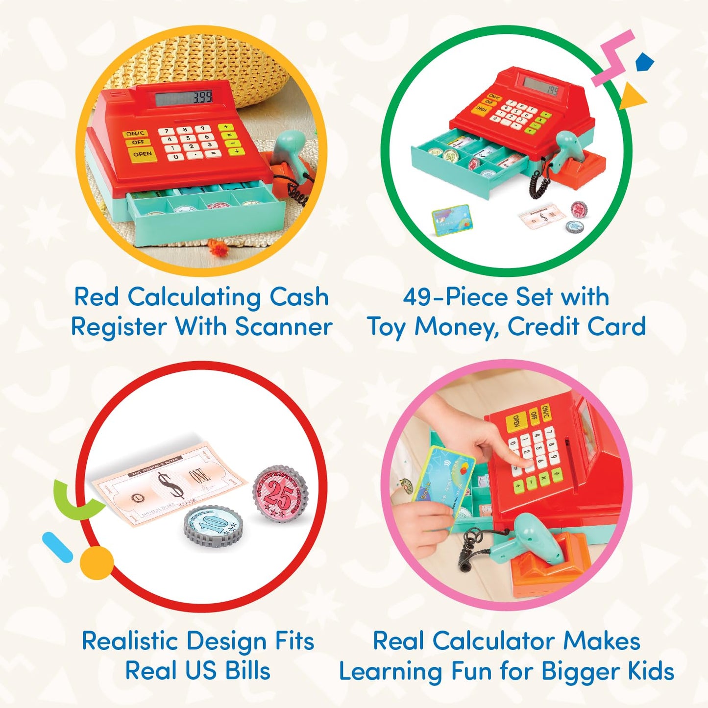 Battat Toy Cash Register for Kids - 49Pc Set with Money & Scanner - Red, Medium, Plastic, Model BT4681Z