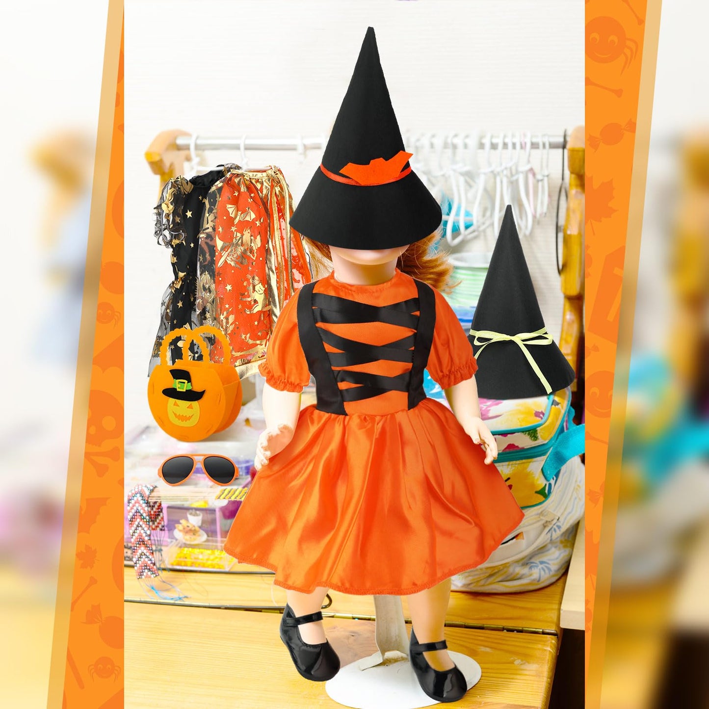8 Pcs Halloween Doll Clothes and Accessories for 18 Inch  Pumpkin Halloween Doll Outfit  Dress  Shoes  Socks  Witch Hats  Bag Sets