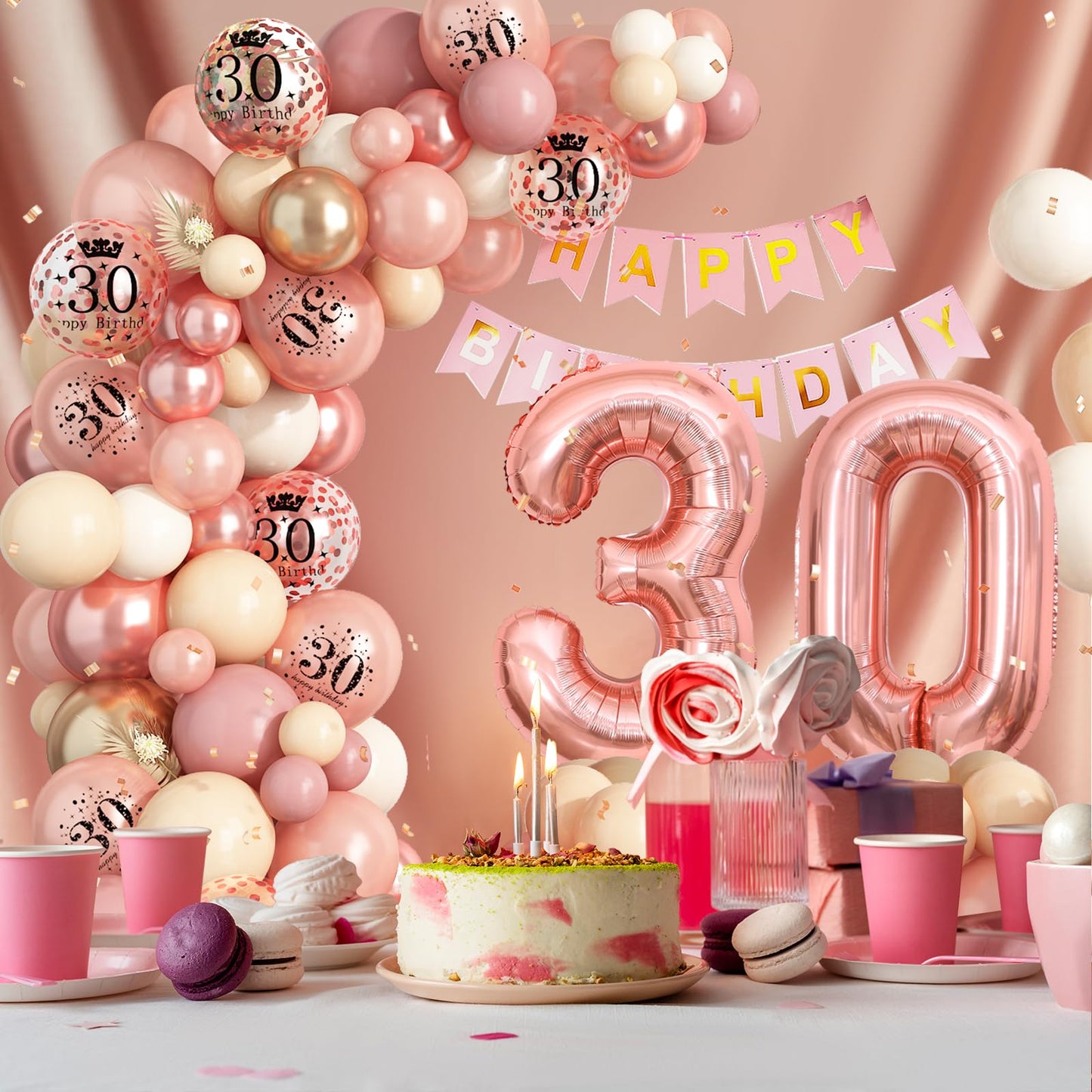 30Th Birthday Decorations For Women,Rose Gold 30Th Birthday Balloon Arch Garland Kit With Happy 30Th Birthday Number 30 Foil Bal