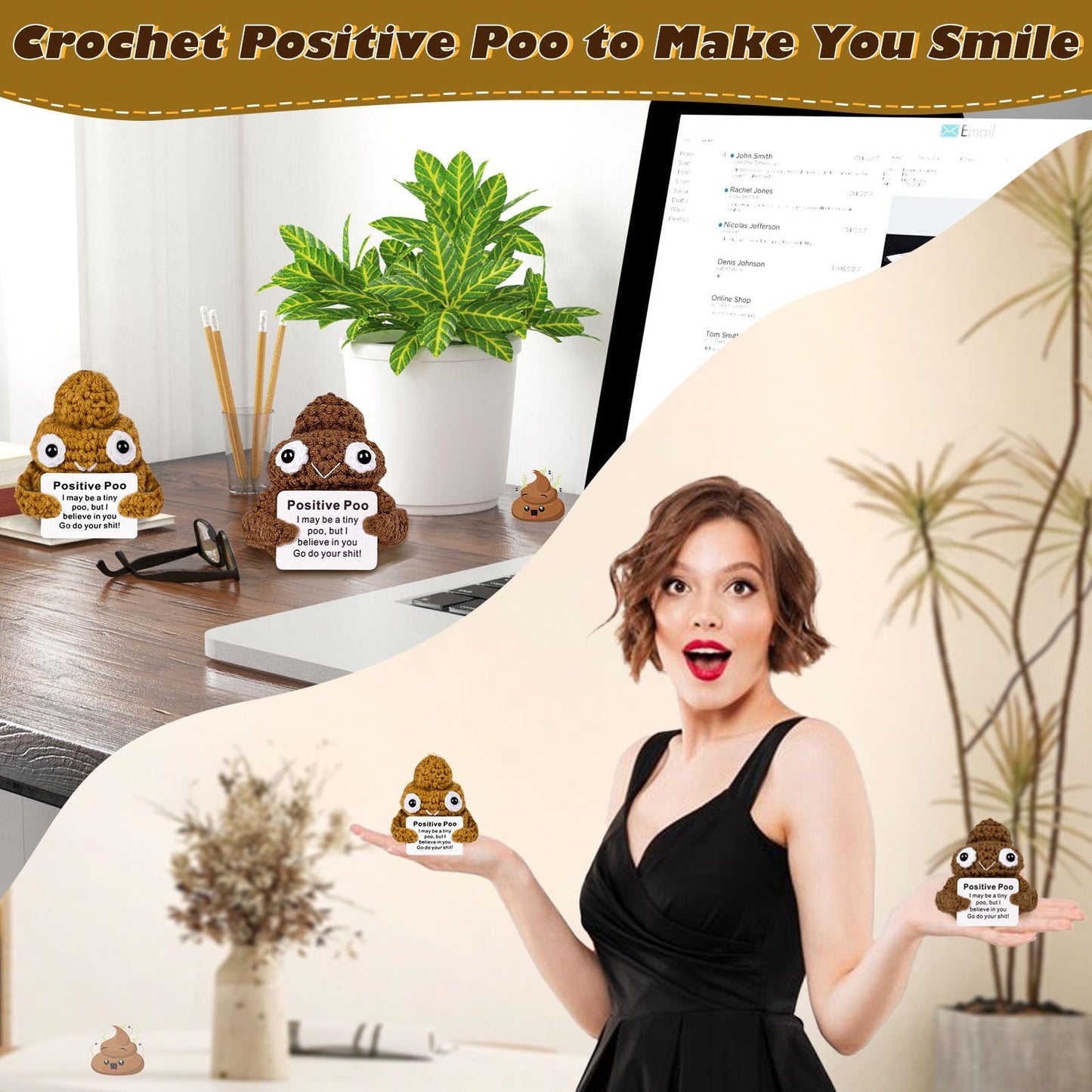 Cozymate Positive Poo With Affirmations Cards Emotional Crochet Support Positive Energy Gifts For Women Friends Christmas Gag Gift (Brown&Yellow, 2P)