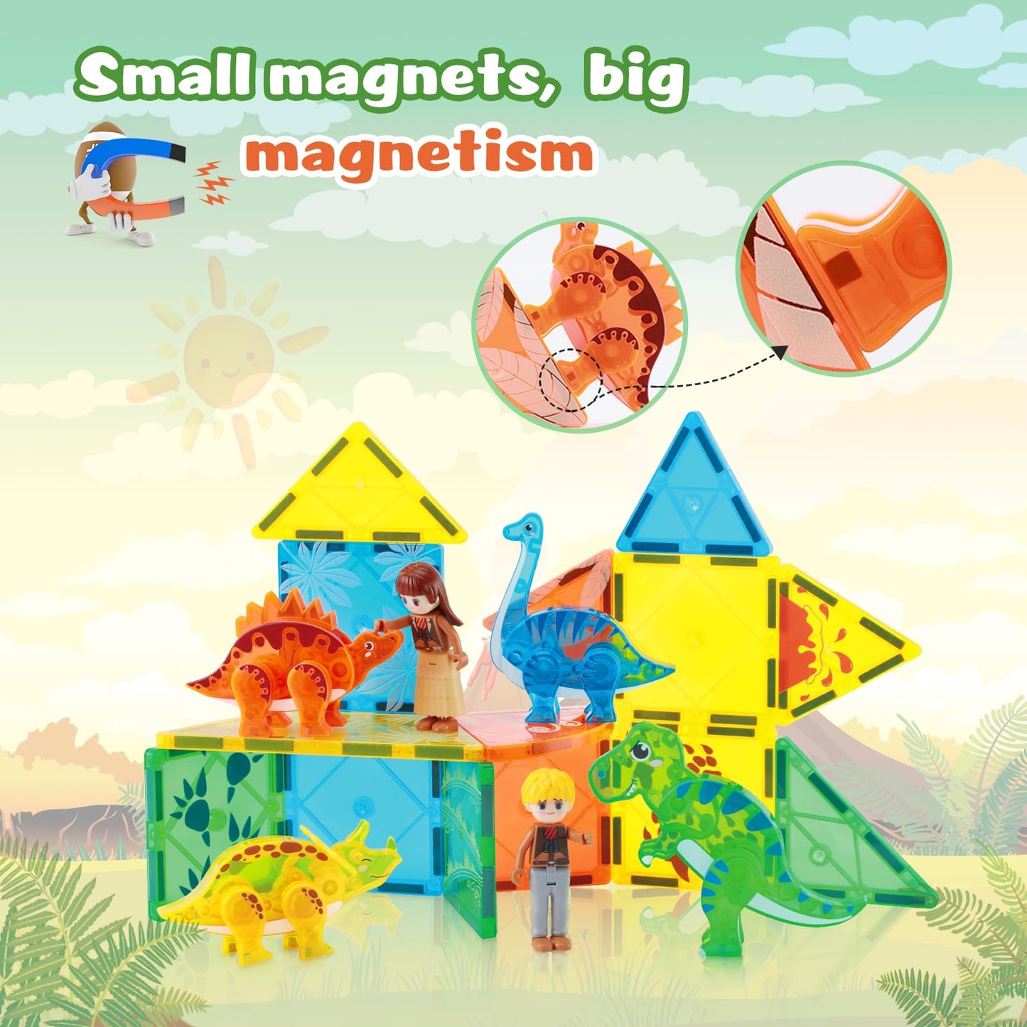 Benoker Dinosaur Magnetic Tiles,Animals Magnet Building Blocks Toys Dino World,3D Stem Educational Magnet Tiles For Boys Girls K