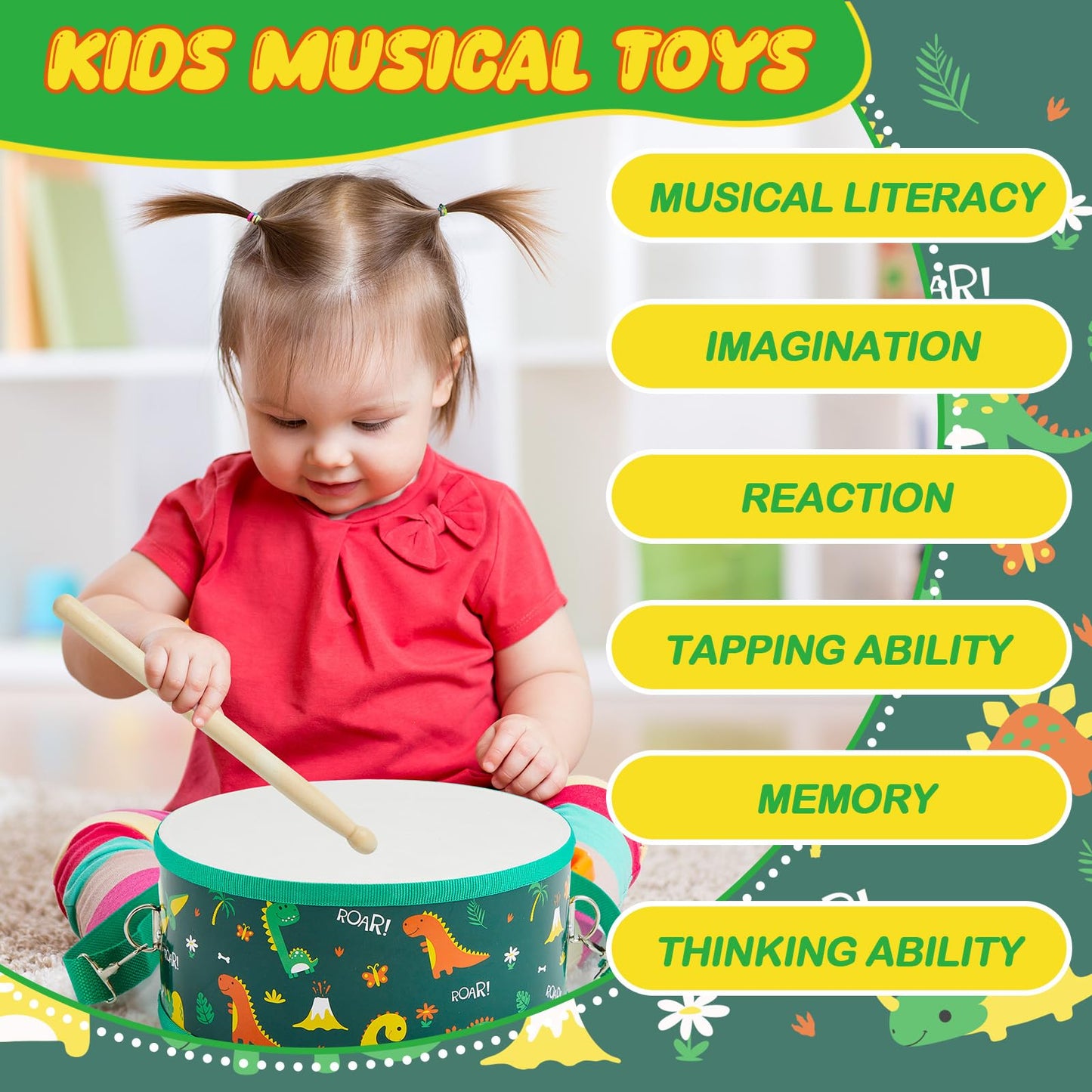 Boao Kids Drum Set For Toddler Over Age 6 Year Wooden Drum 8'' W X 3.7'' H Toys With Adjustable Strap And 2 Drumsticks Education