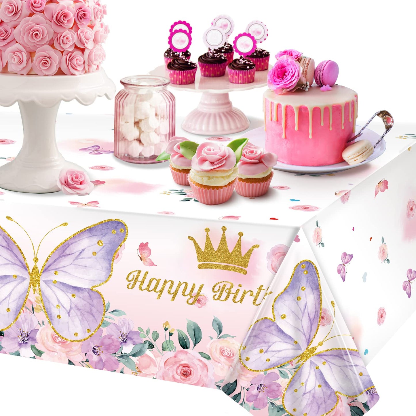 AobkDeco 3 Pieces Butterfly Birthday Tablecloths Happy Birthday Tablecloth Rectangular Watercolor Butterfly Table Cover Spring T