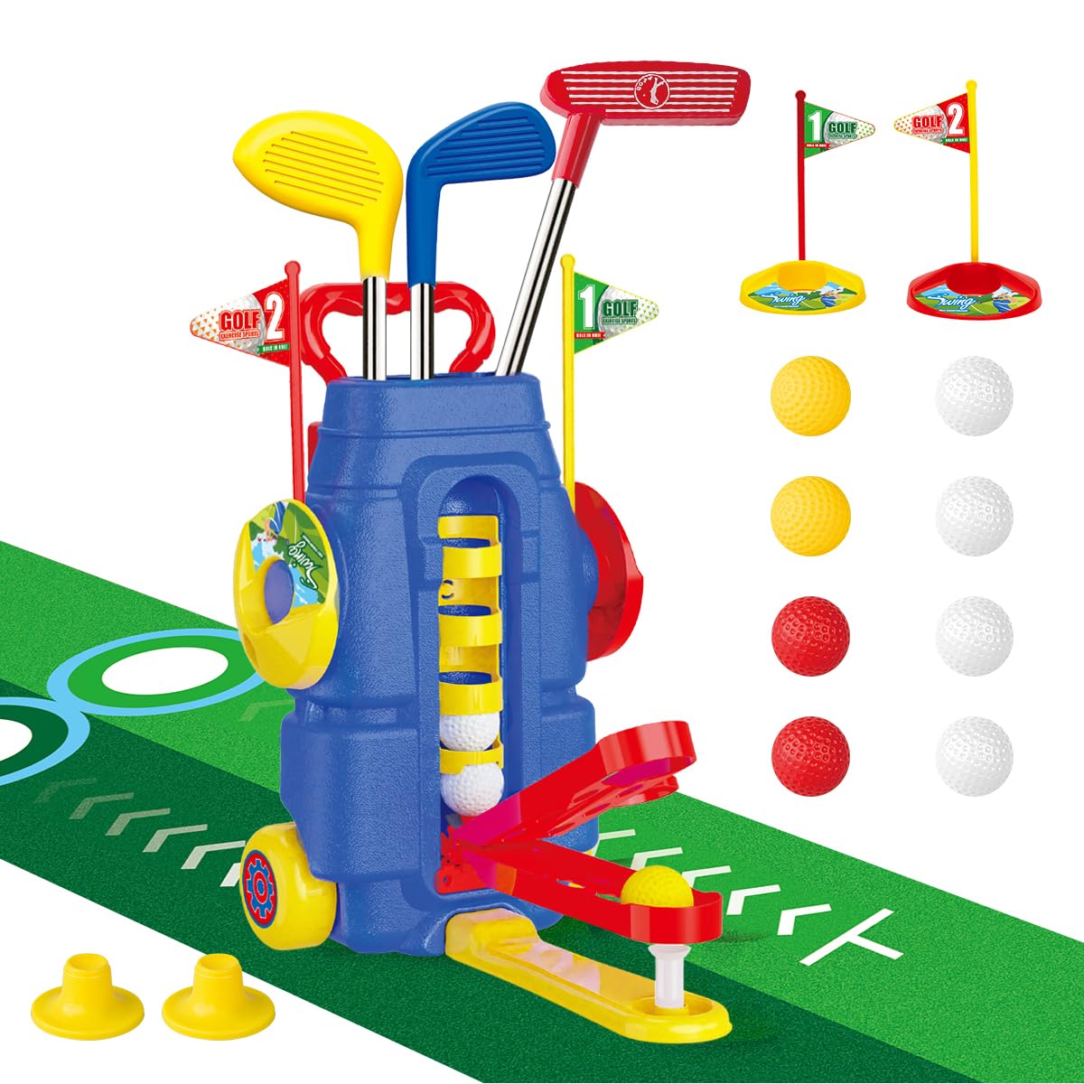 Humzo Toddler Golf Set for Boys Girls Age 3 4 5 6  limited availability Foot-Pedal Design Auto-Reloads Balls  Upgraded Kids Golf Cart with 3 Clubs & 8 Balls  Indoor and Outdoor Golf Toys Birthday Gift