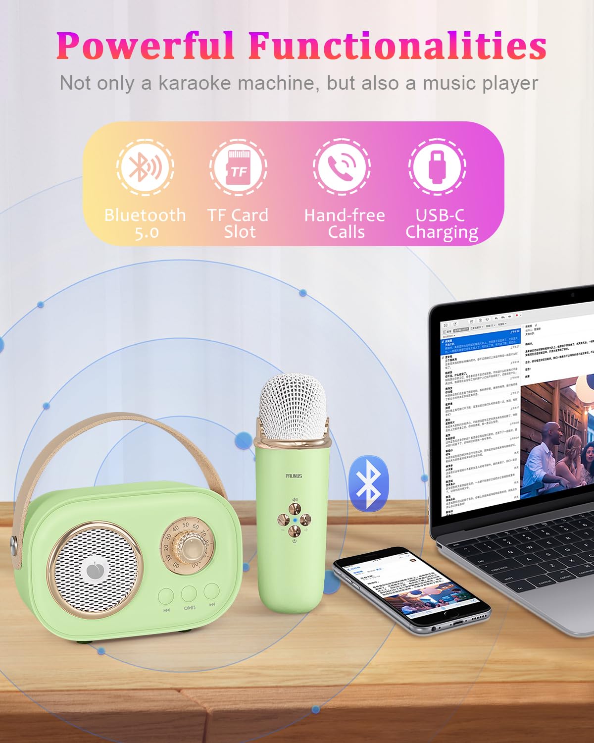 Prunus Mini Karaoke Machine For Kids&Adults,Portable Bluetooth Speaker With 2 Wireless Microphones And Stereo Sound Enhanced Bas