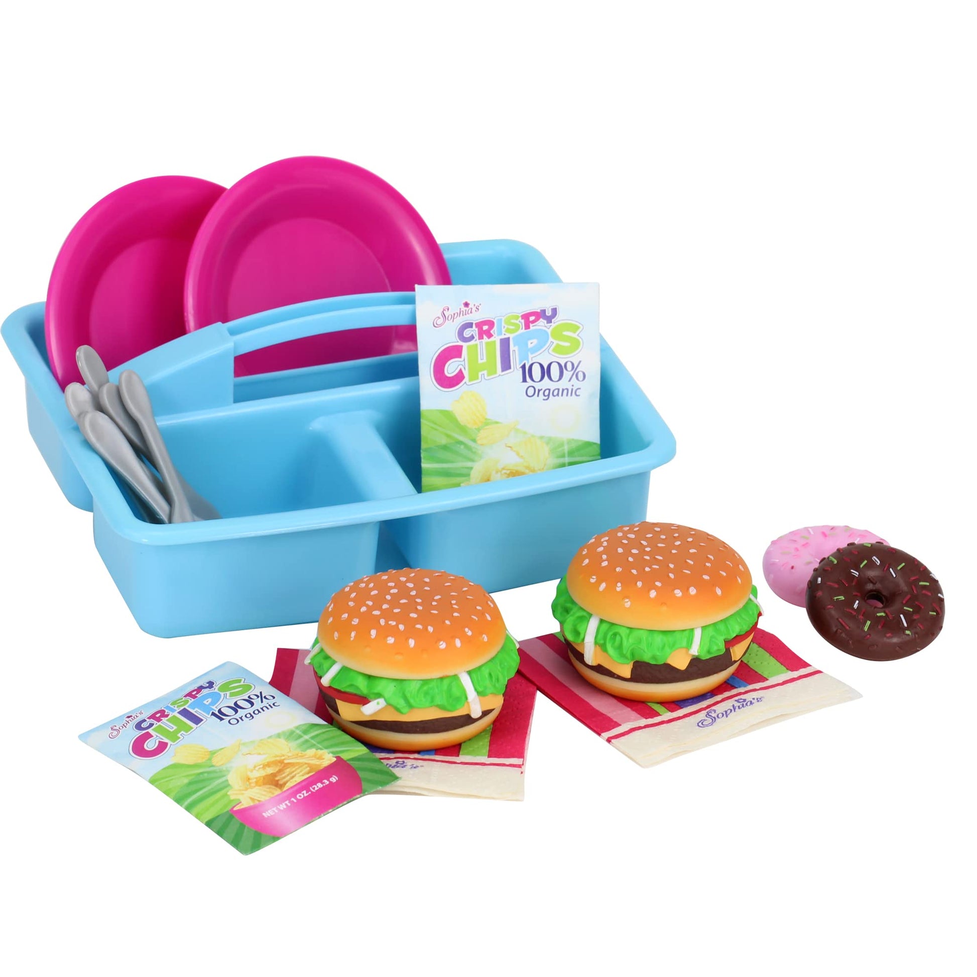 Sophia'S 18'' Doll 17 Pc. Burgers For Two With Service Ware, Doughnuts, And Bags Of Chips