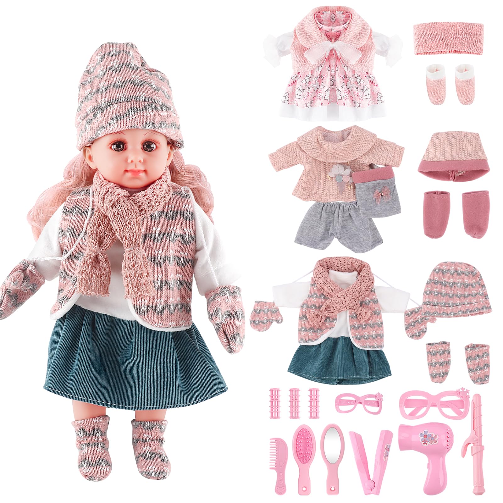 Deao Baby Doll Play Set 14 Inch Baby Doll With 3 Clothes And Accessories Girl Doll Dress Up Sets,Gift For Birthdays And Christma
